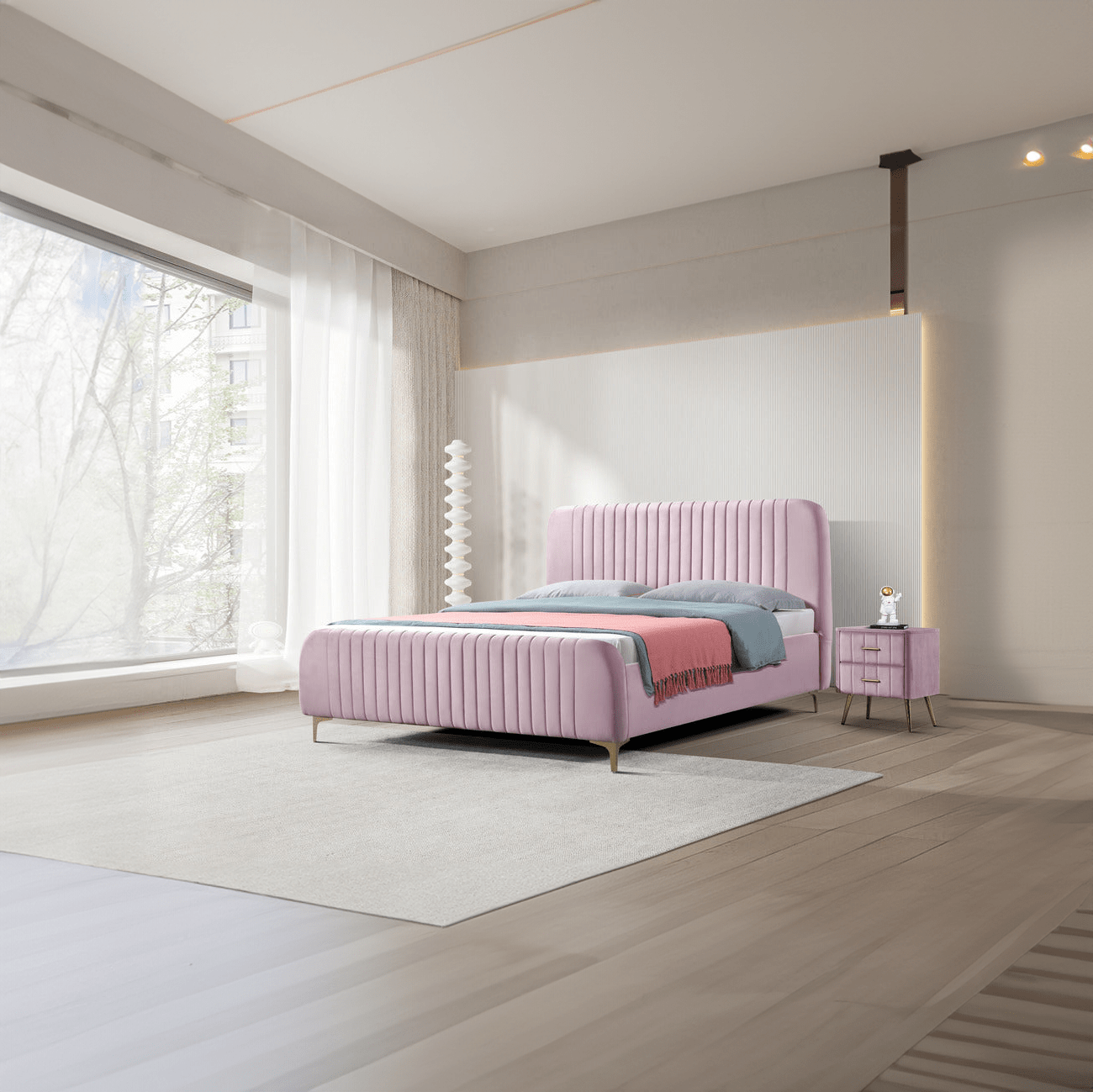 Pat dormitor dumonde, tapitat roz, Orlando 180x200 cm, lada depozitare, somiera rabatabila inclusa CRNB