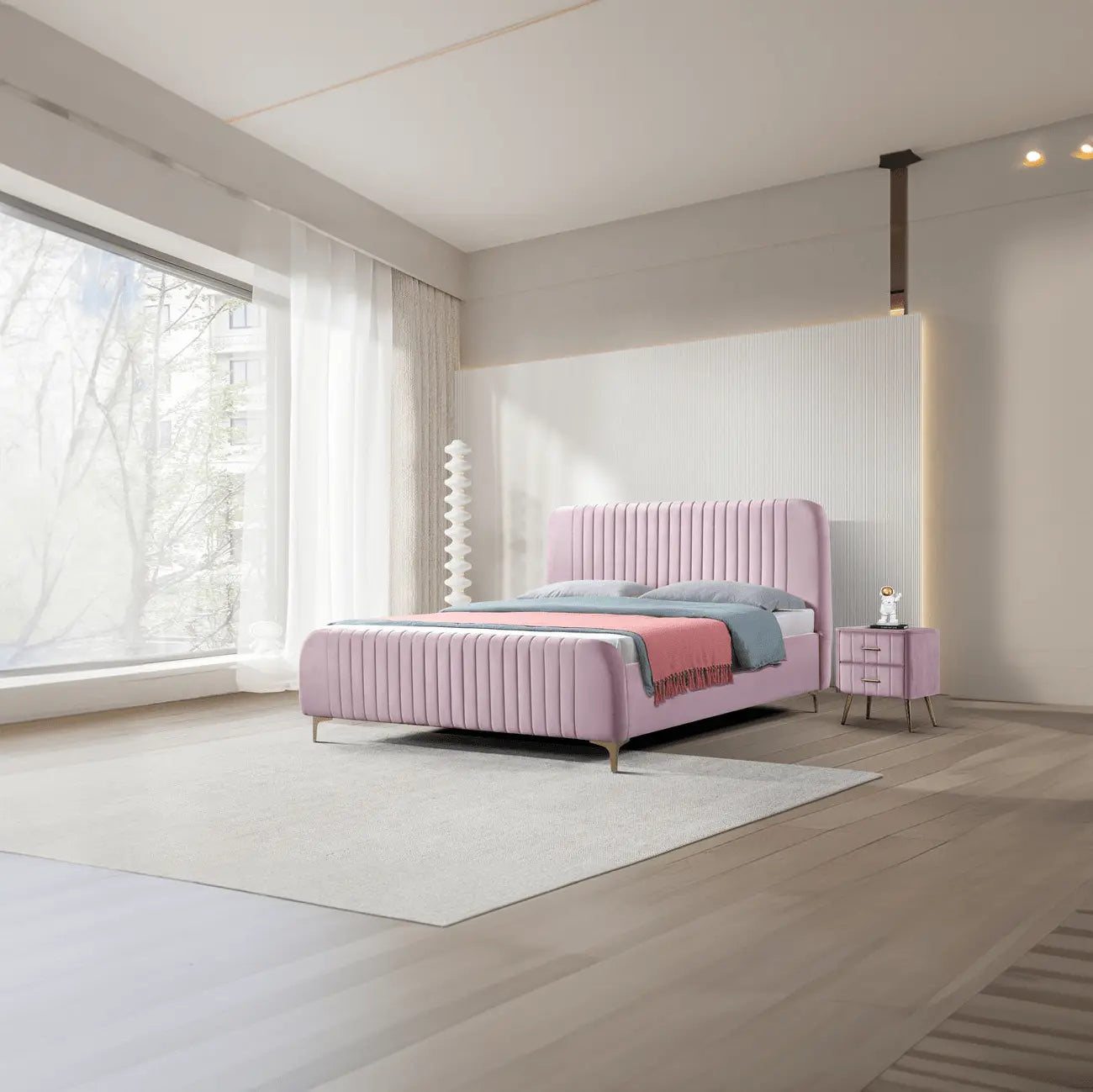 Pat dormitor dumonde, tapitat roz, Orlando 180x200 cm, lada depozitare, somiera rabatabila inclusa CRNB