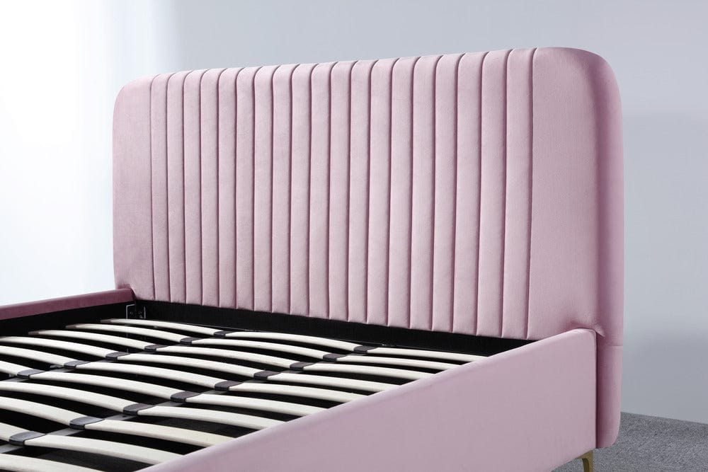 Pat dormitor dumonde, tapitat roz, Orlando 180x200 cm, lada depozitare, somiera rabatabila inclusa CRNB