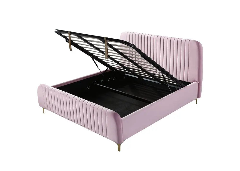 Pat dormitor dumonde, tapitat roz, Orlando 180x200 cm, lada depozitare, somiera rabatabila inclusa CRNB