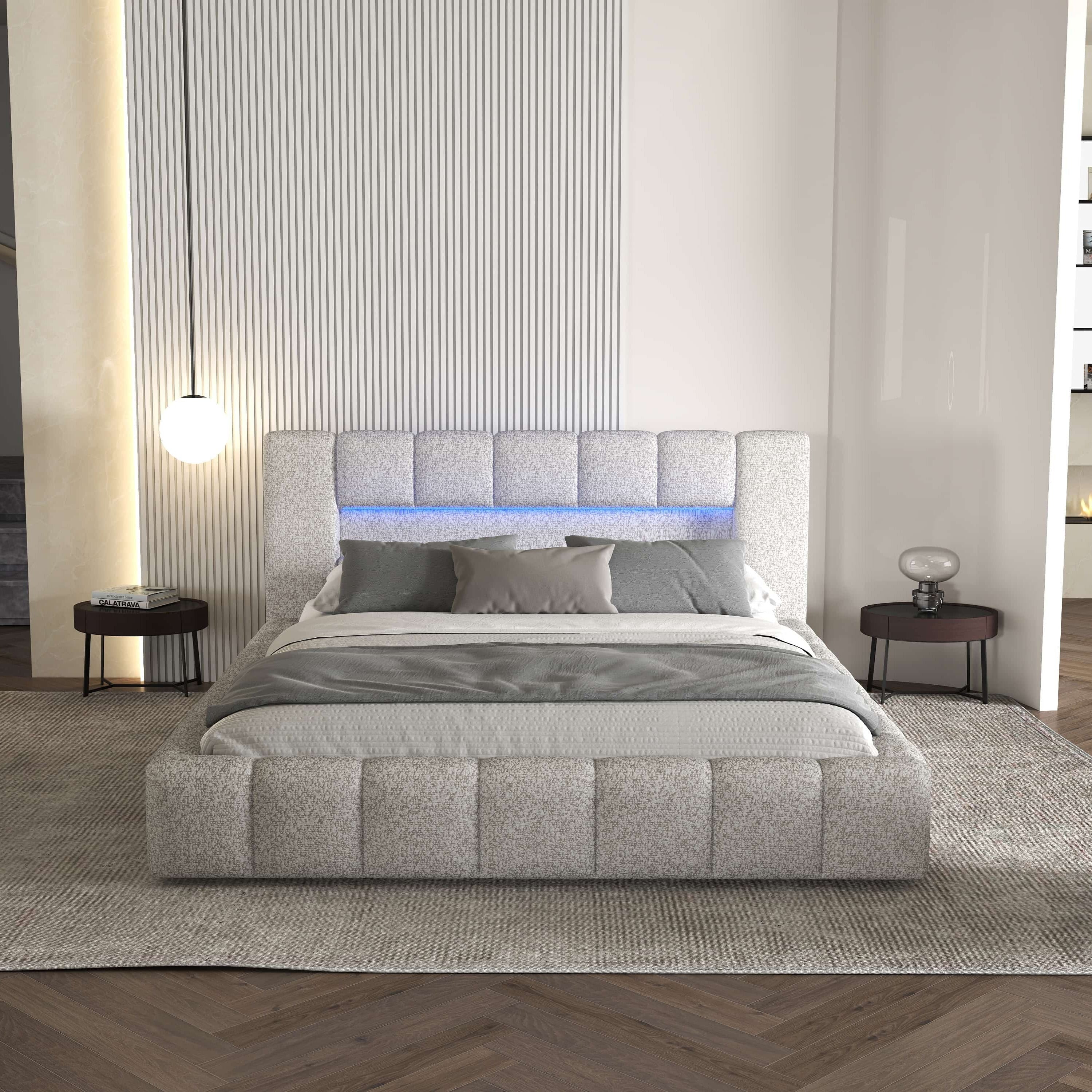 Pat dormitor dumonde, tapitat gri cu LED si USB, Palermo 160x200 cm, somiera rabatabila inclusa, spatiu depozitare WLS