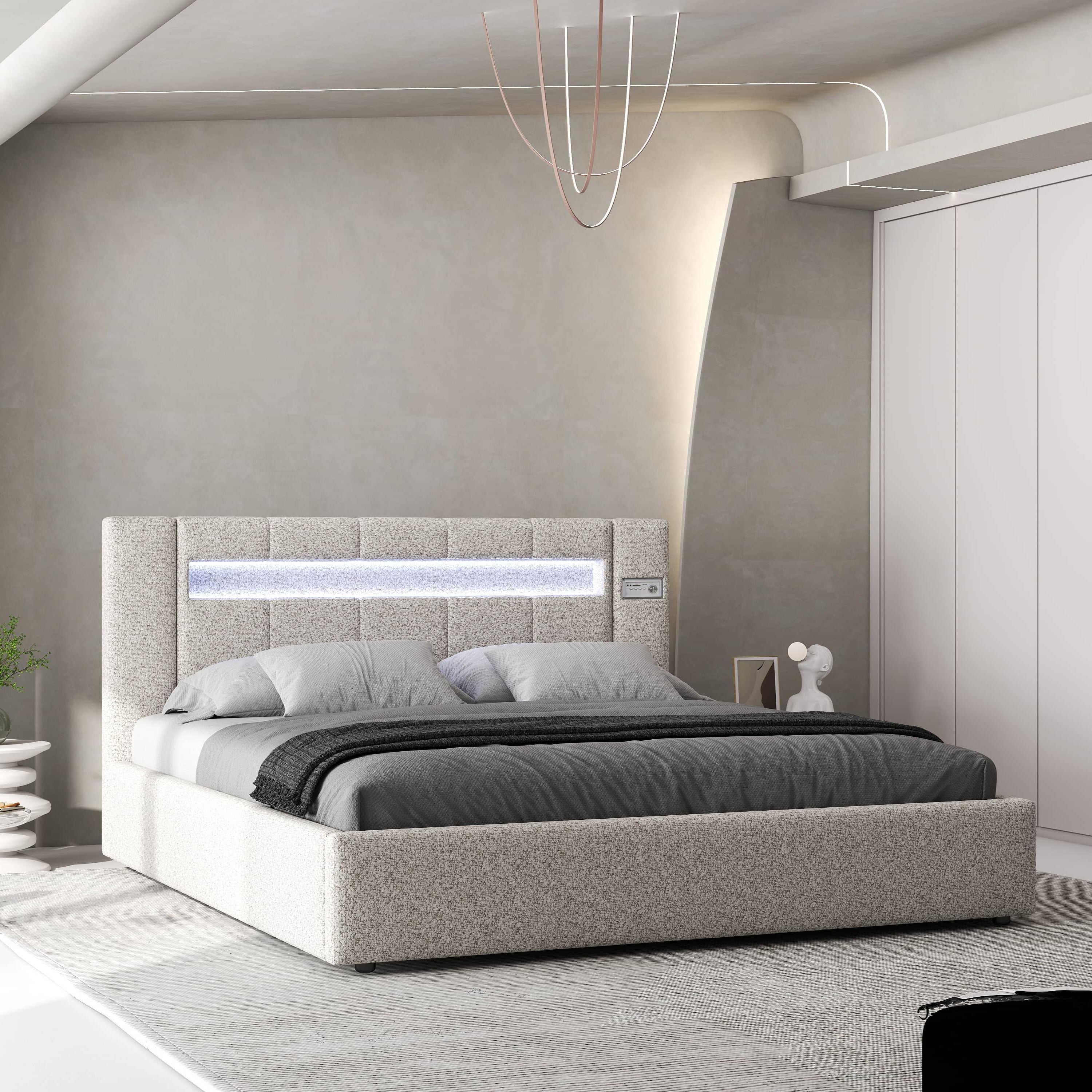 Pat dormitor dumonde, tapitat bej, Glow 160x200 cm, somiera rabatabila inclusa, spatiu depozitare WLS