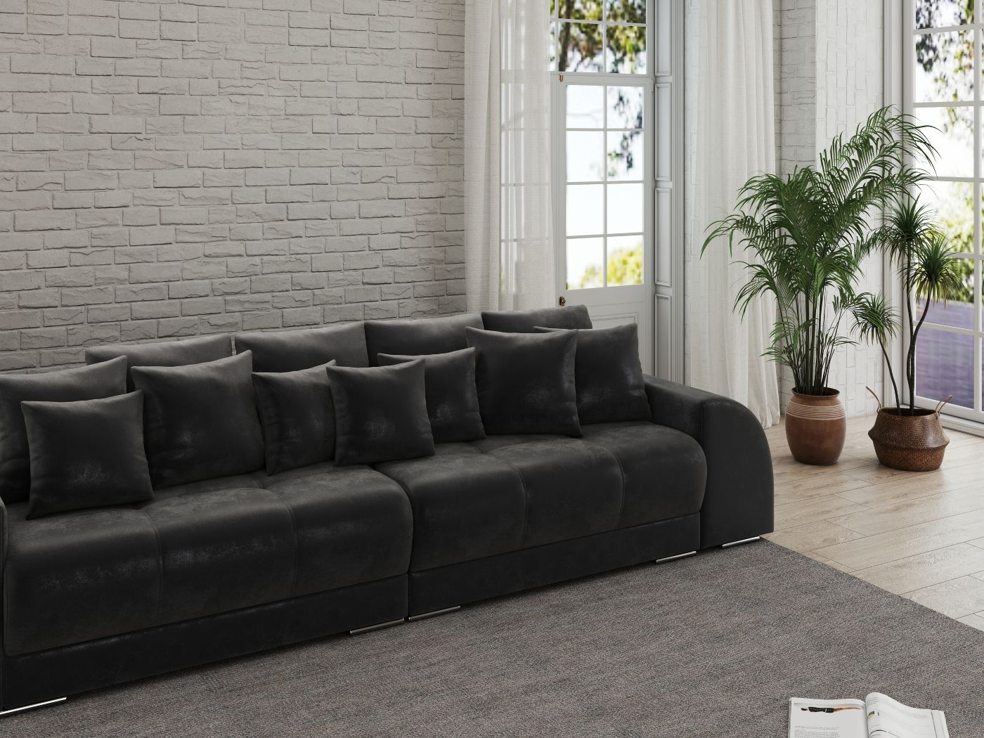 Canapea extensibilă dumonde cu 2 lăzi de depozitare si sezut confortabil din spuma HR, Verona Madagaskar Black 310x100 cm Fabrica