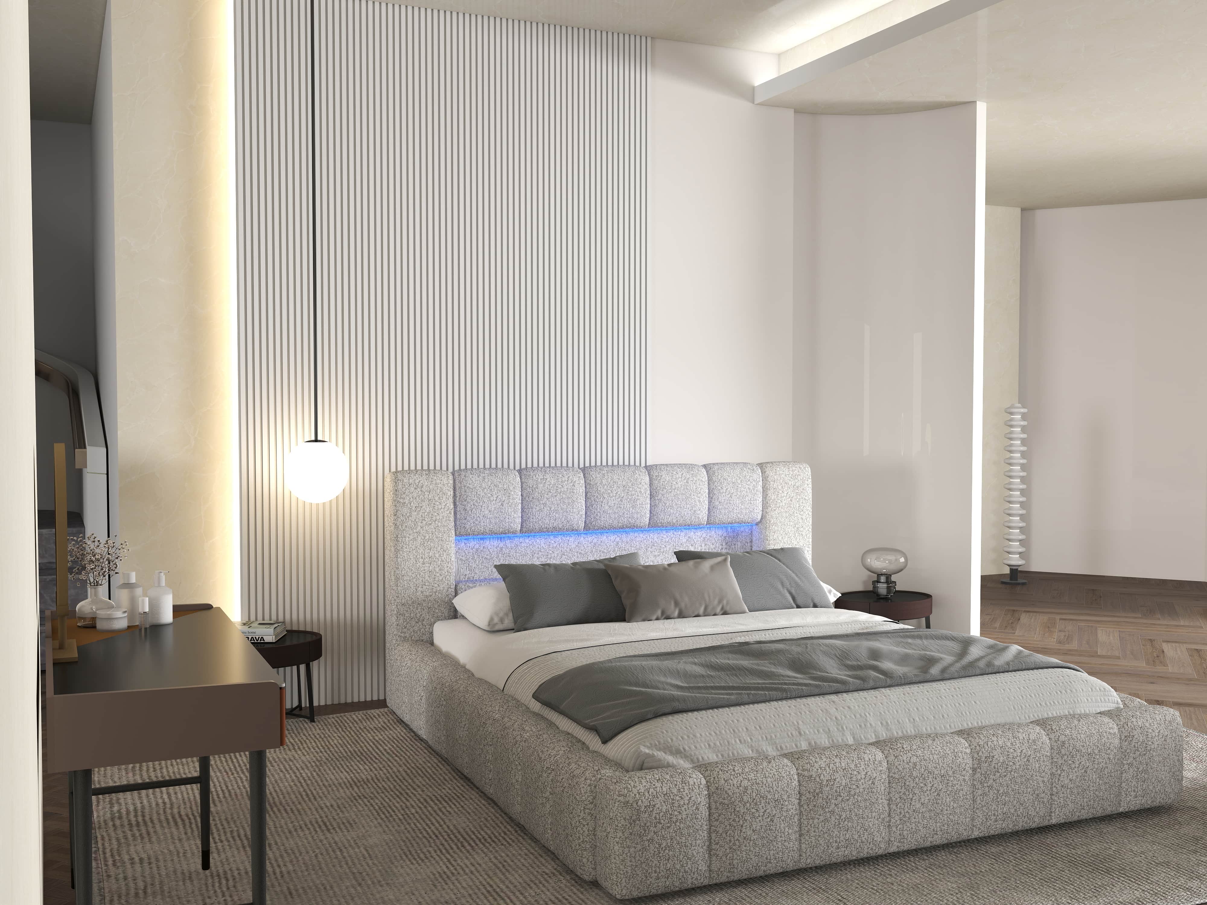 Pat dormitor dumonde, tapitat gri cu LED si USB, Palermo 160x200 cm, somiera rabatabila inclusa, spatiu depozitare WLS