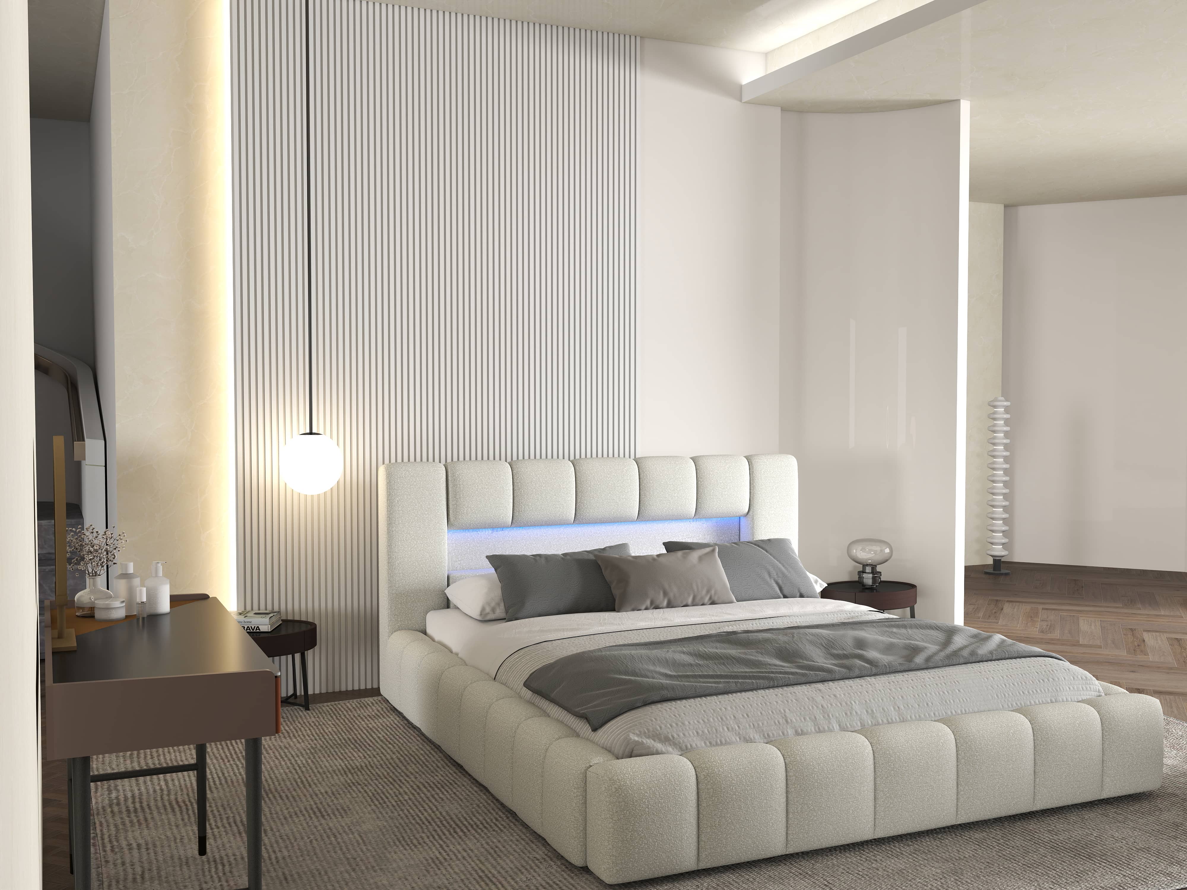 Pat dormitor dumonde, tapitat bej cu LED si USB, Palermo 160x200 cm, somiera rabatabila inclusa, spatiu depozitare WLS