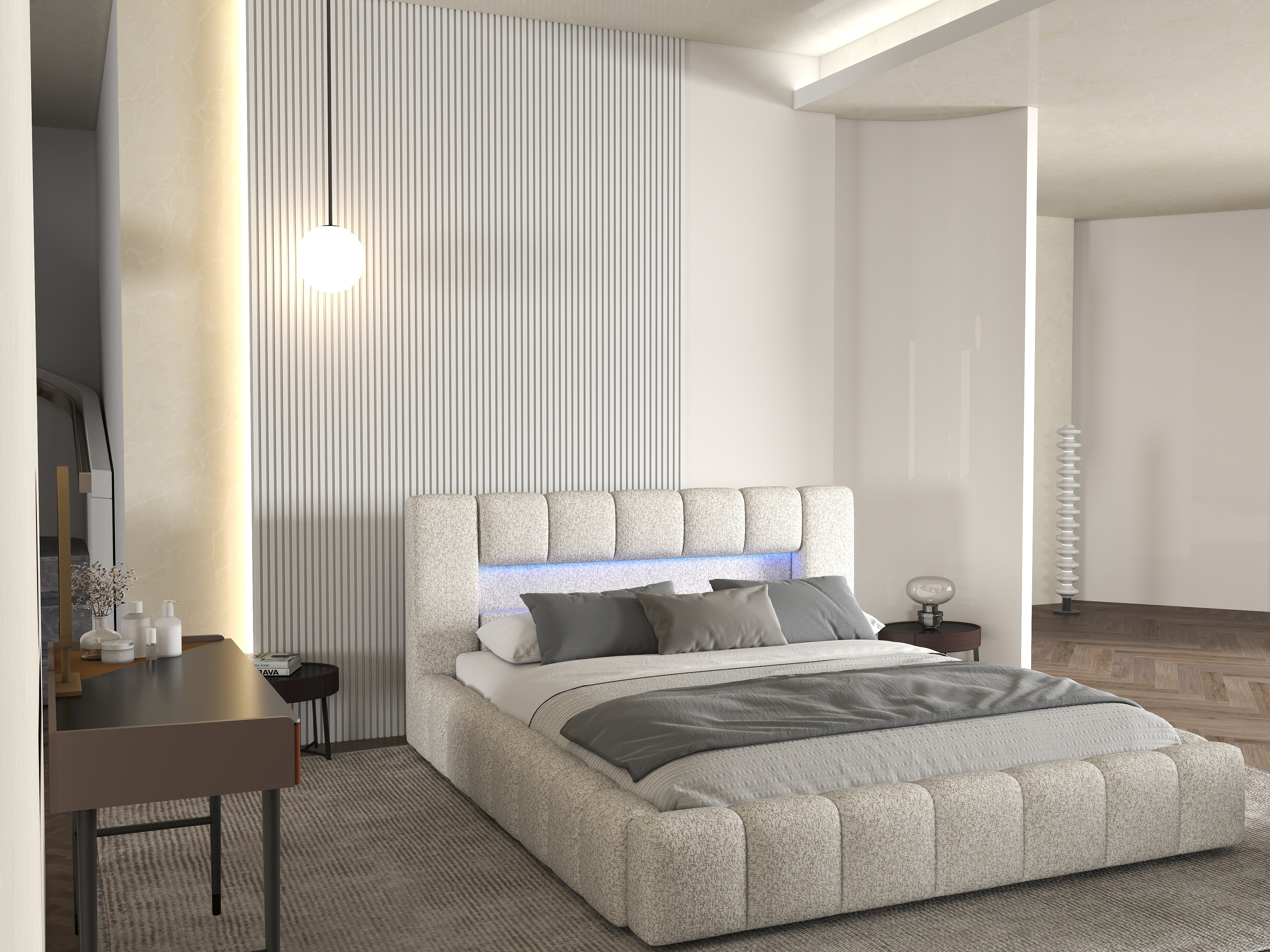 Pat dormitor dumonde, tapitat gri cu LED si USB, Palermo 160x200 cm, somiera rabatabila inclusa, spatiu depozitare