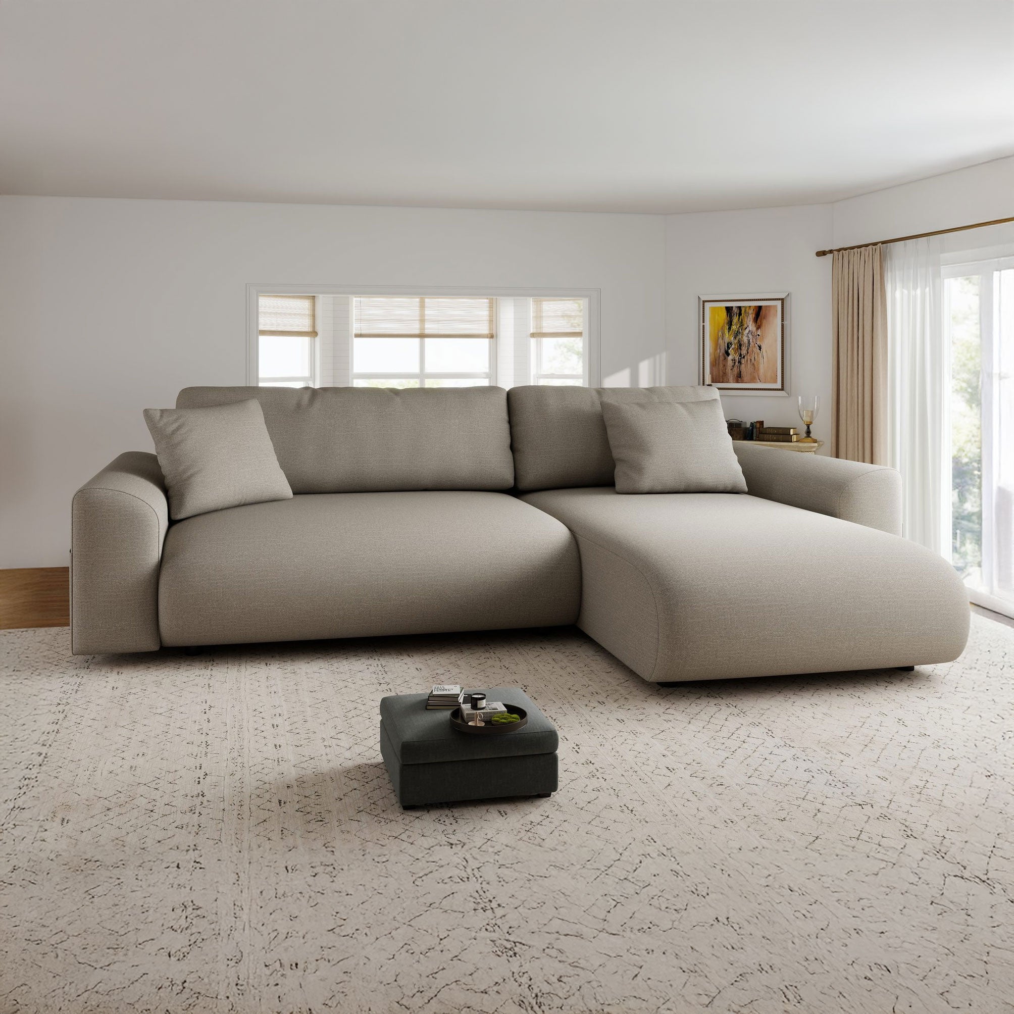 Canapea dumonde fixă cu șezut confortabil din spumă High-Density, Lorine Flow bej 235x138 cm