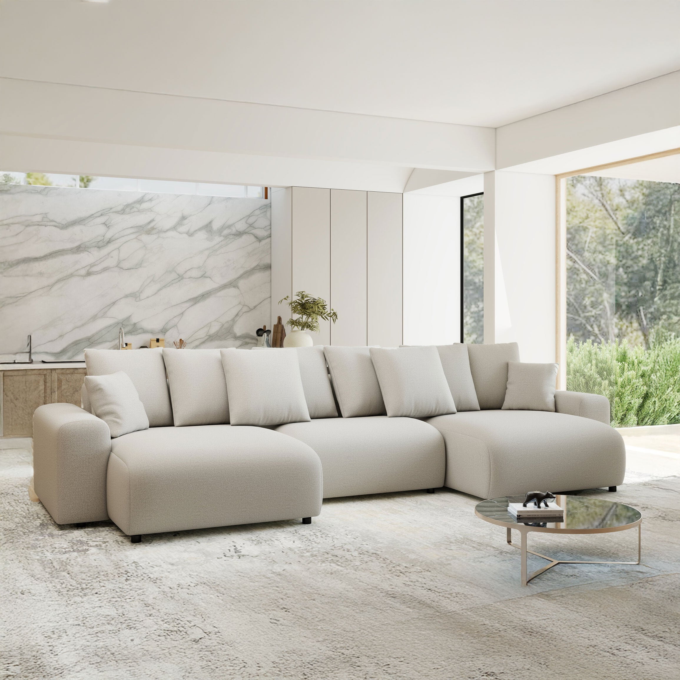 Colțar extensibil dumonde cu ladă de depozitare si sezut confortabil din spuma HR, Luma U Enjoy Bej 336x140 cm