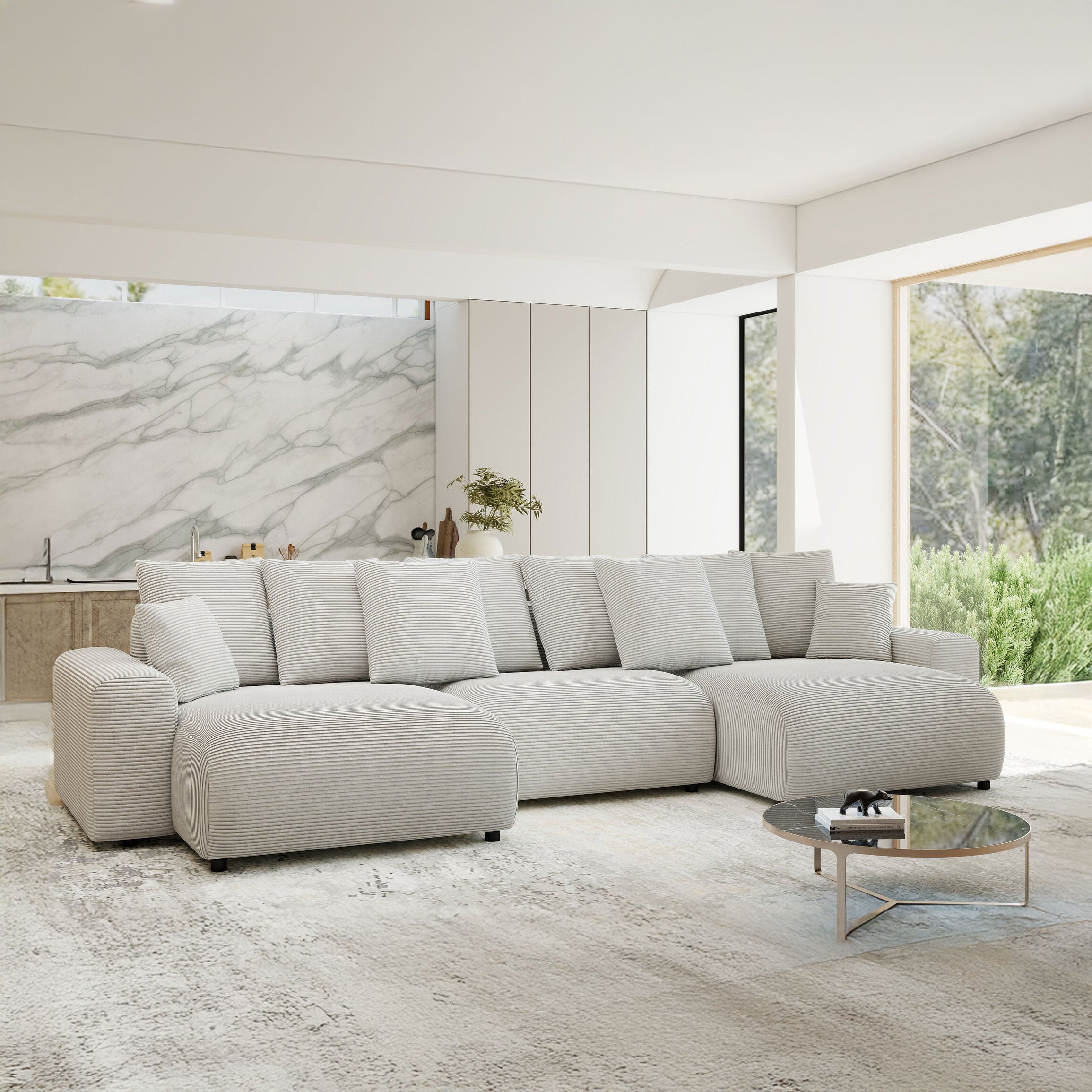 Colțar extensibil dumonde cu ladă de depozitare si sezut confortabil din spuma HR, Luma U Zoom Gri 336x140 cm