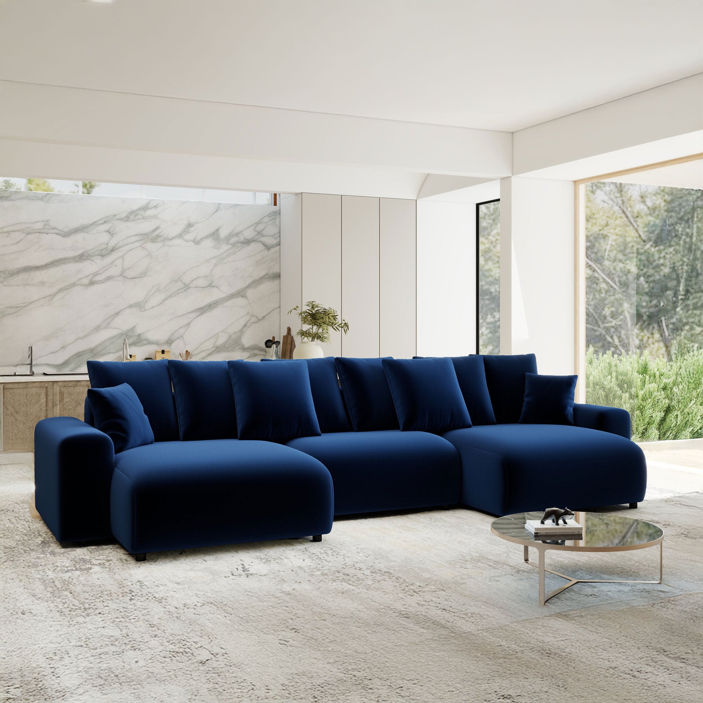 Colțar extensibil dumonde cu ladă de depozitare si sezut confortabil din spuma HR, Luma U Royal Albastru Navy 336x140 cm