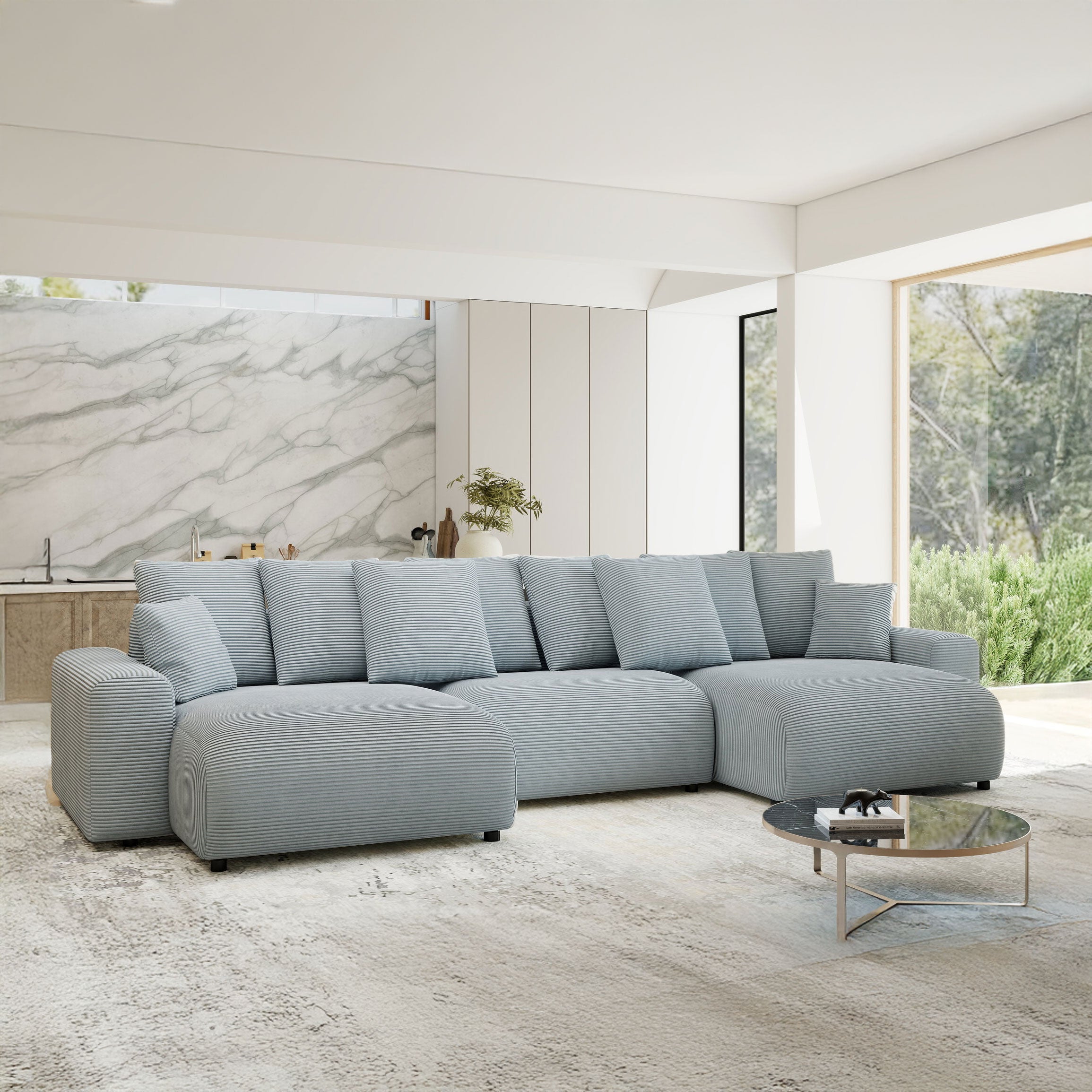 Colțar extensibil dumonde cu ladă de depozitare si sezut confortabil din spuma HR, Luma U Zoom Gri Mint 336x140 cm