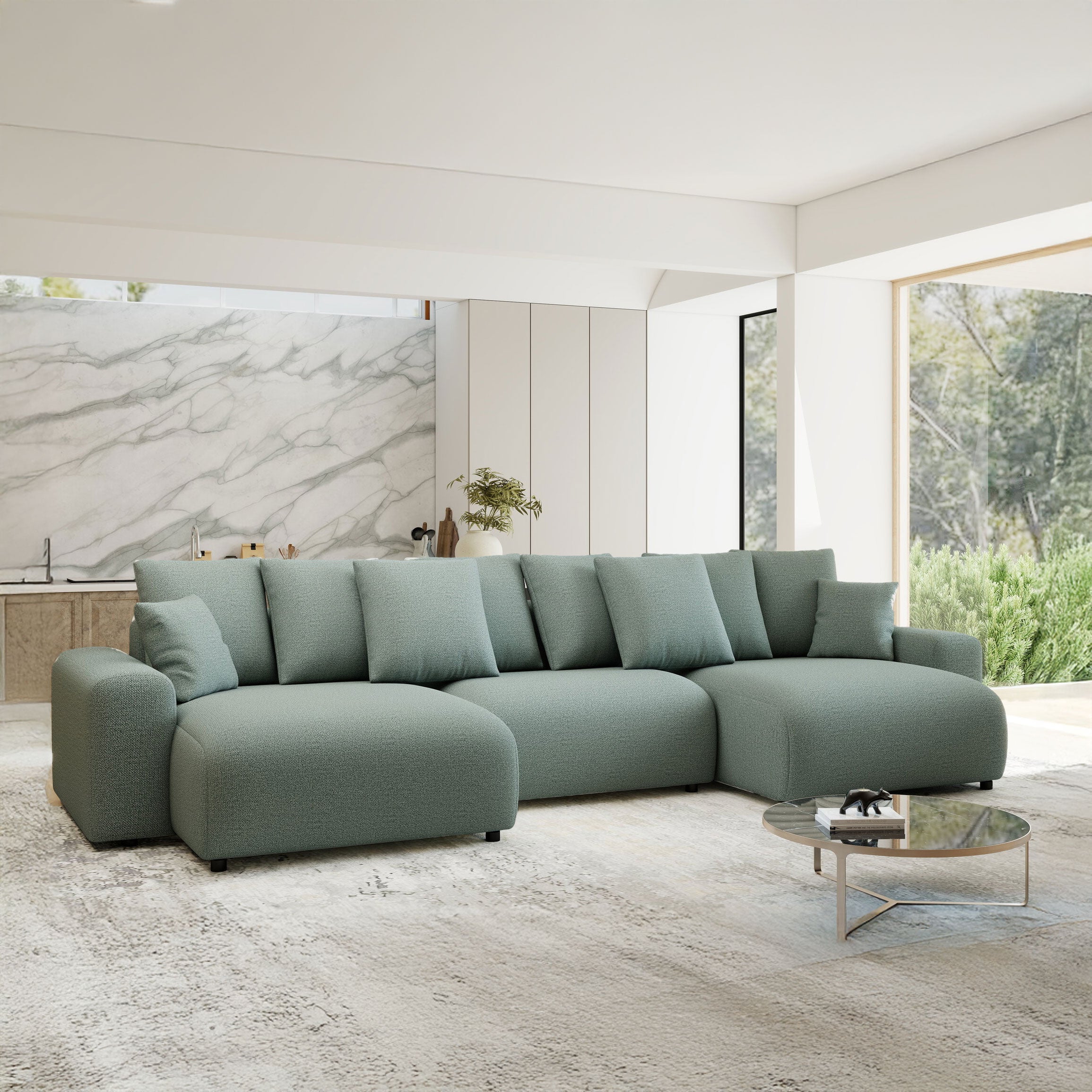 Colțar extensibil dumonde cu ladă de depozitare si sezut confortabil din spuma HR, Luma U Enjoy Verde Mint 336x140 cm