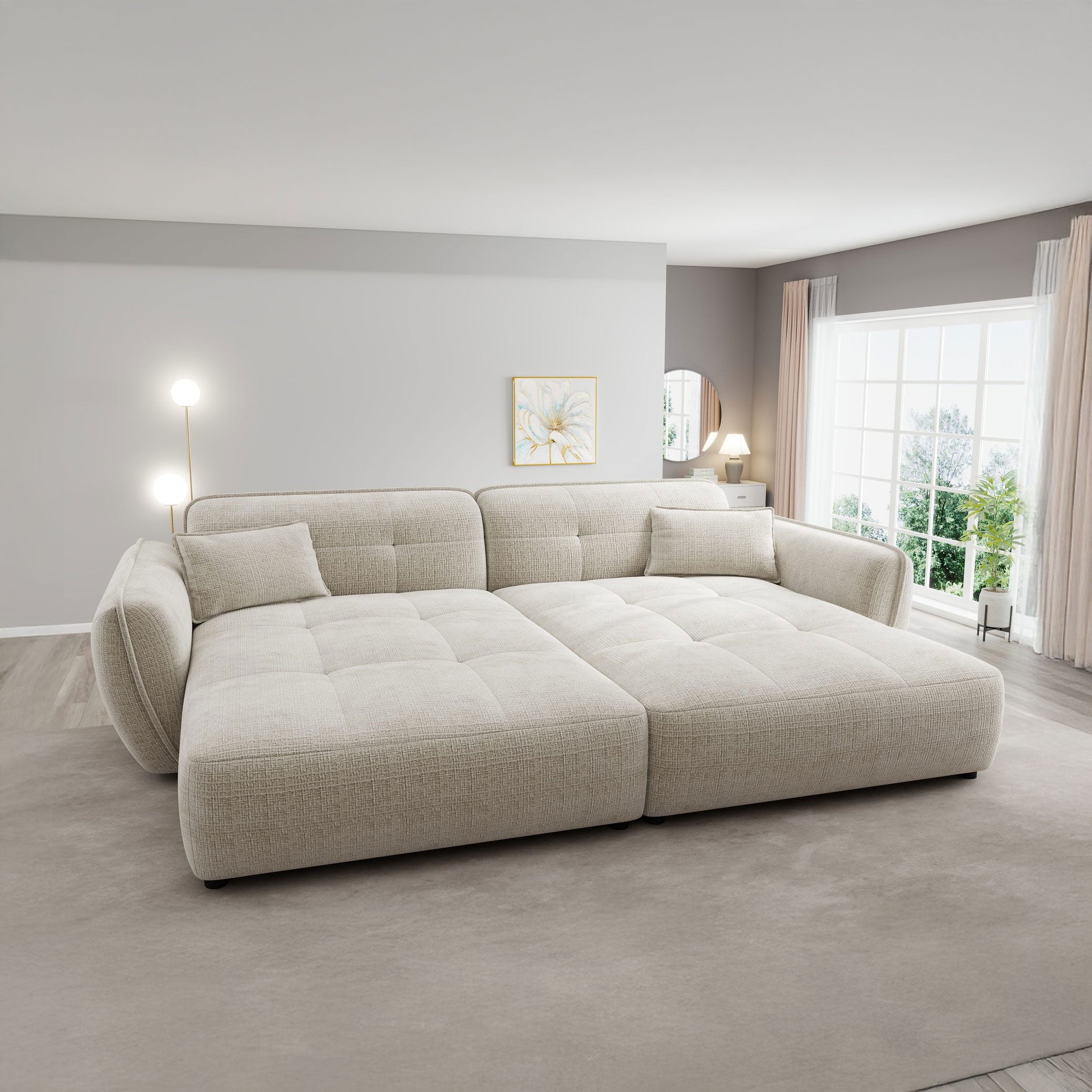 Canapea dumonde fixă cu șezut confortabil din spumă High-Density, Nelia cremona bej 252x155 cm