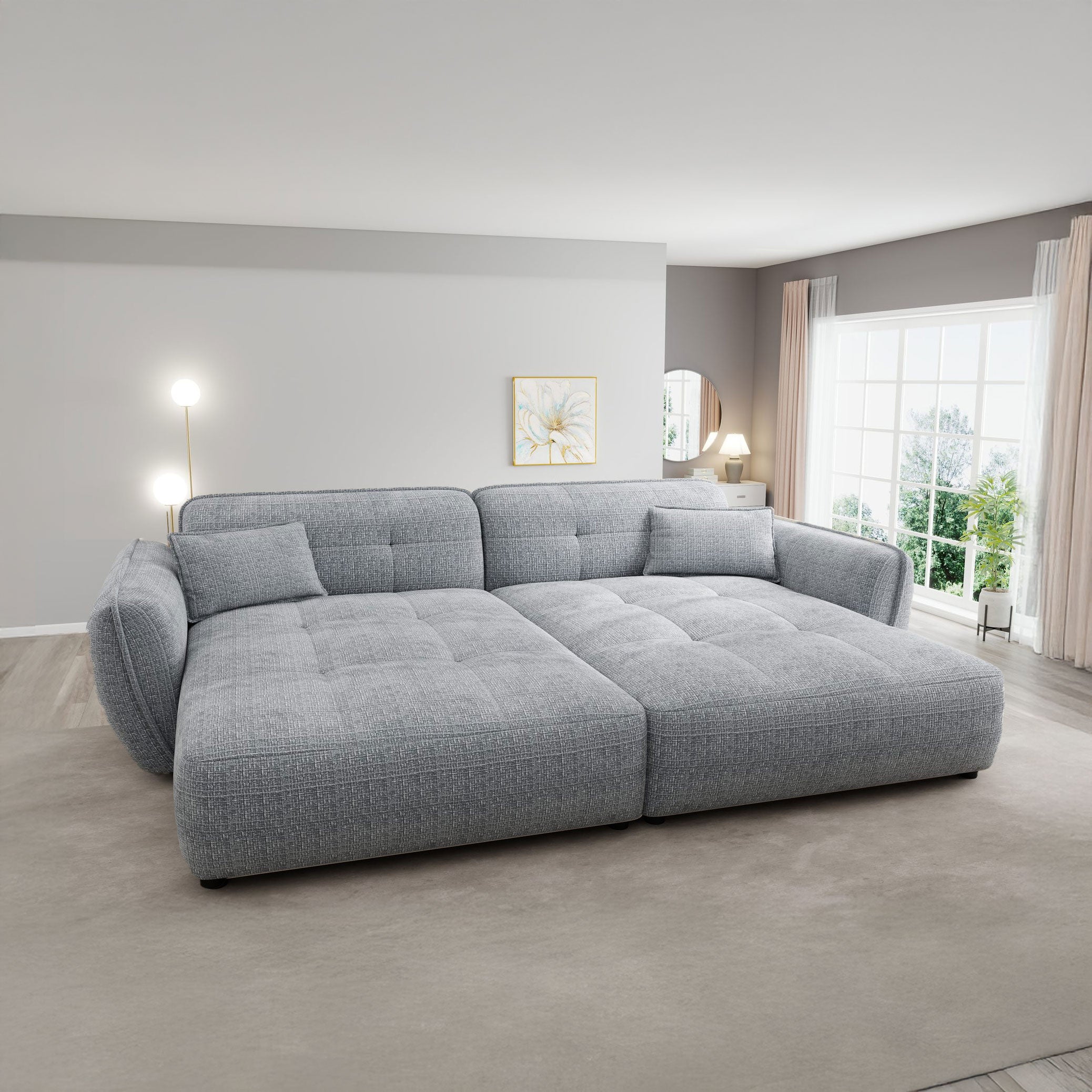 Canapea dumonde fixă cu șezut confortabil din spumă High-Density, Nelia cremona gri-albastrui 252x155 cm