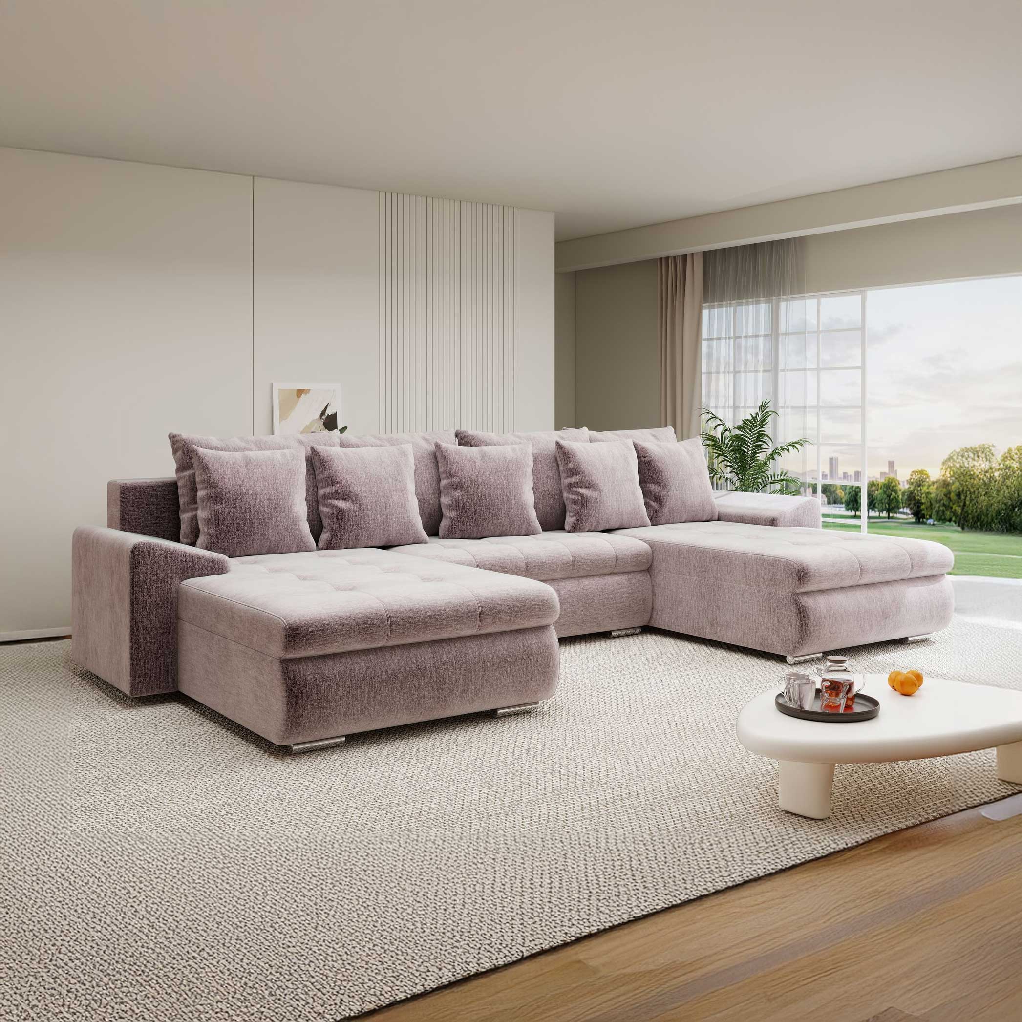 Colțar extensibil dumonde cu ladă de depozitare si sezut confortabil din spuma high-density, Leonardo U Monolith Roz Pudrat 62 360x185 cm