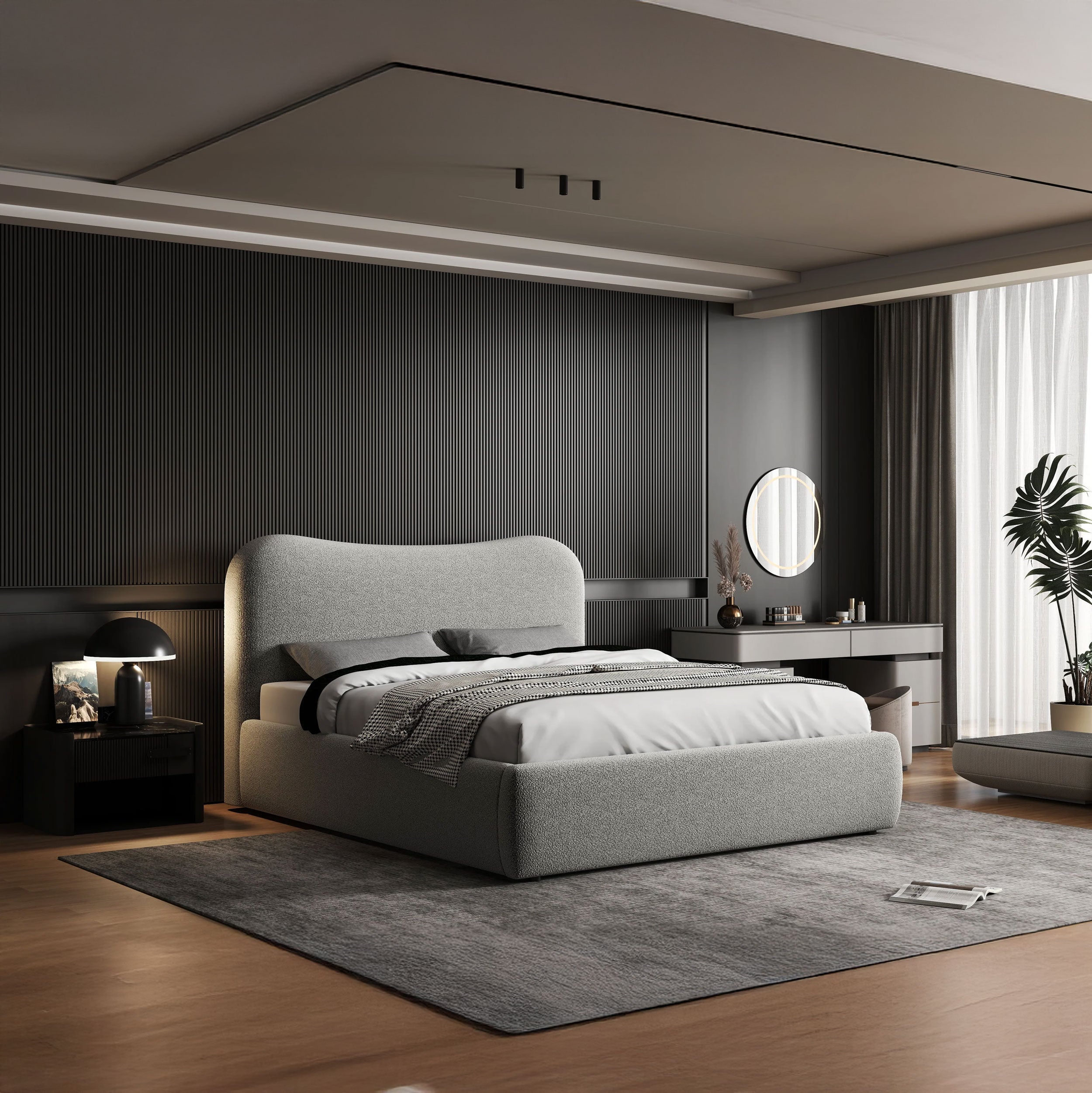 Pat dormitor dumonde, tapitat gri, Matias 160x200 cm, somiera rabatabila inclusa, spatiu depozitare WLS