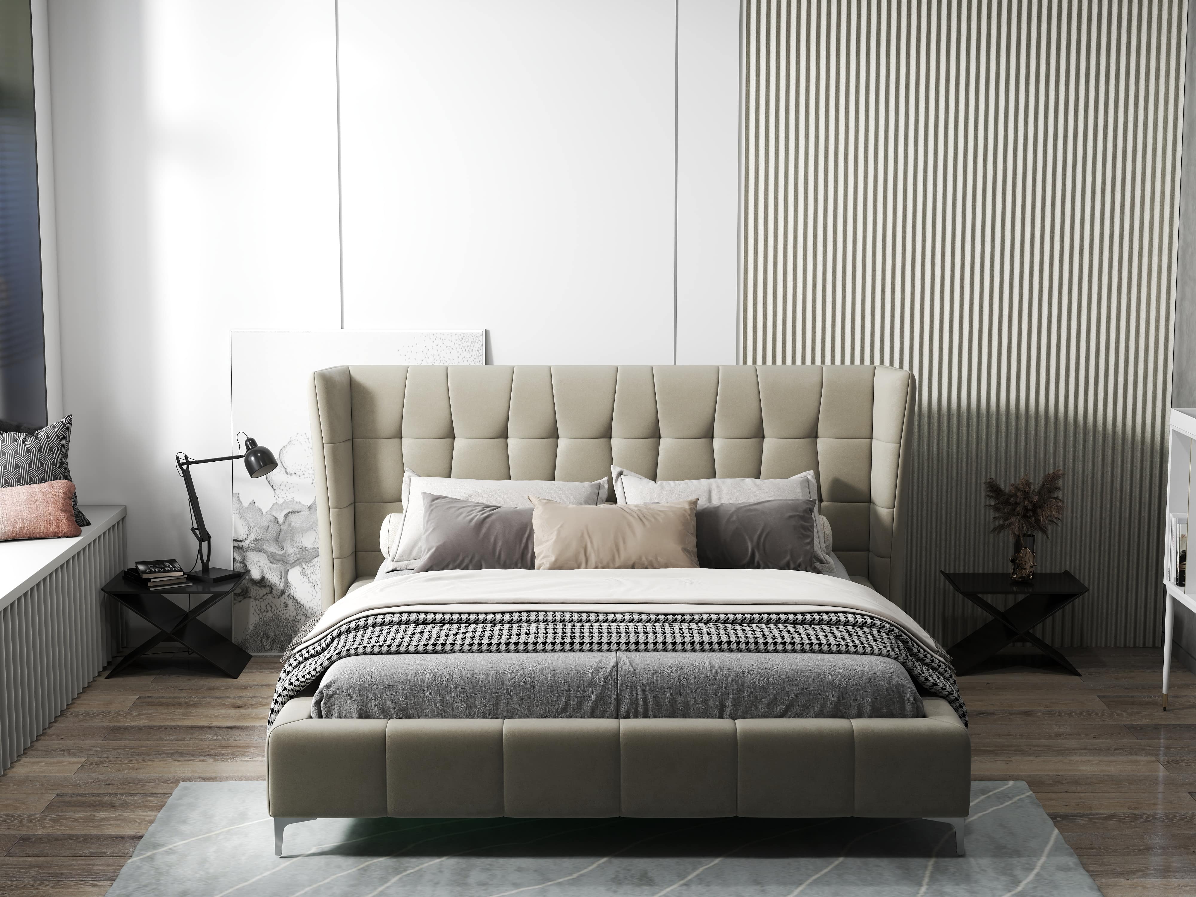 Pat dormitor dumonde, tapitat bej, Bellagio 160x200 cm, somiera fixa inclusa WLS