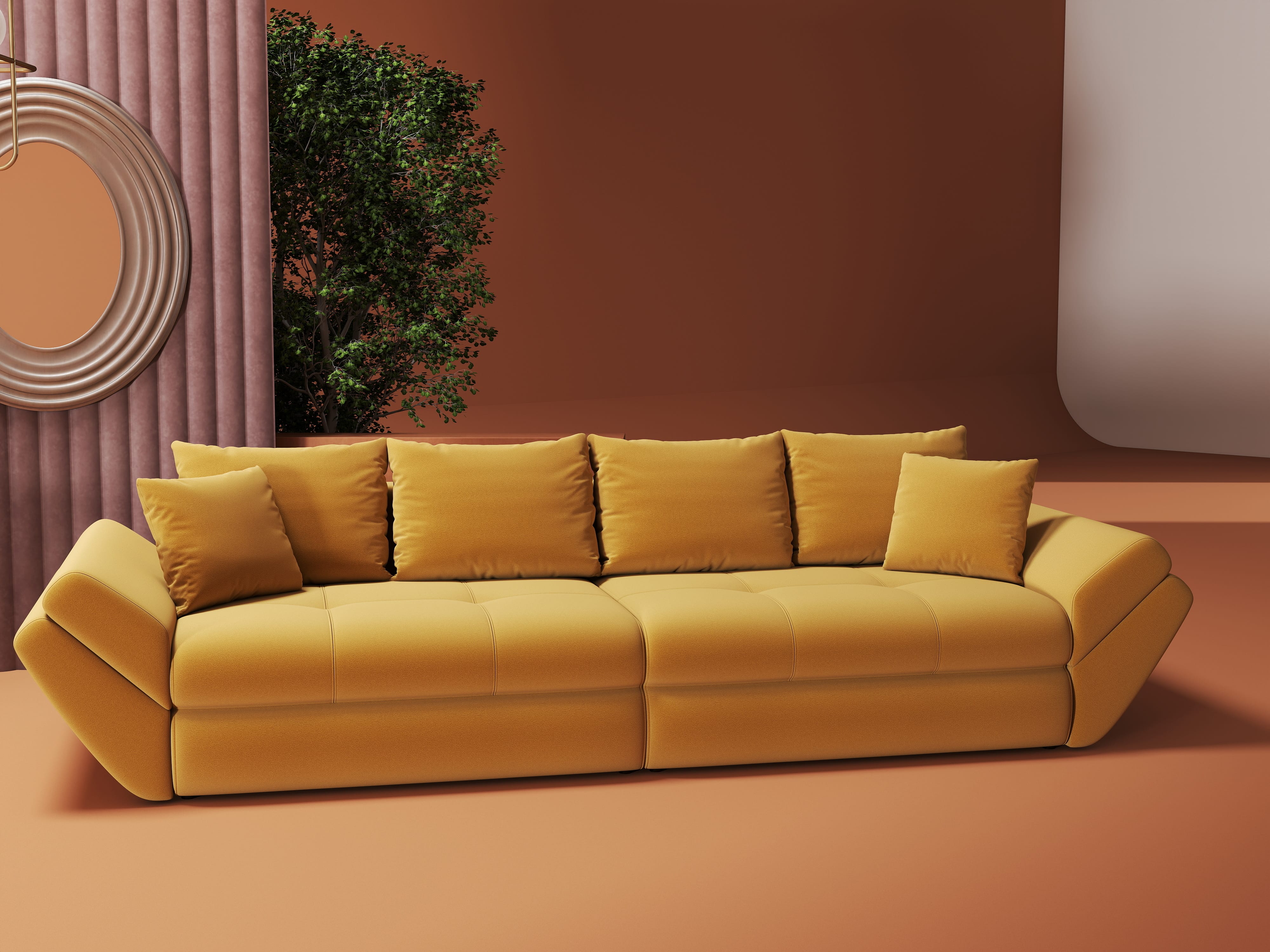 Canapea extensibilă dumonde cu ladă de depozitare si sezut confortabil din spuma HR, Loana Royal Mustar 300x100 cm Fabrica