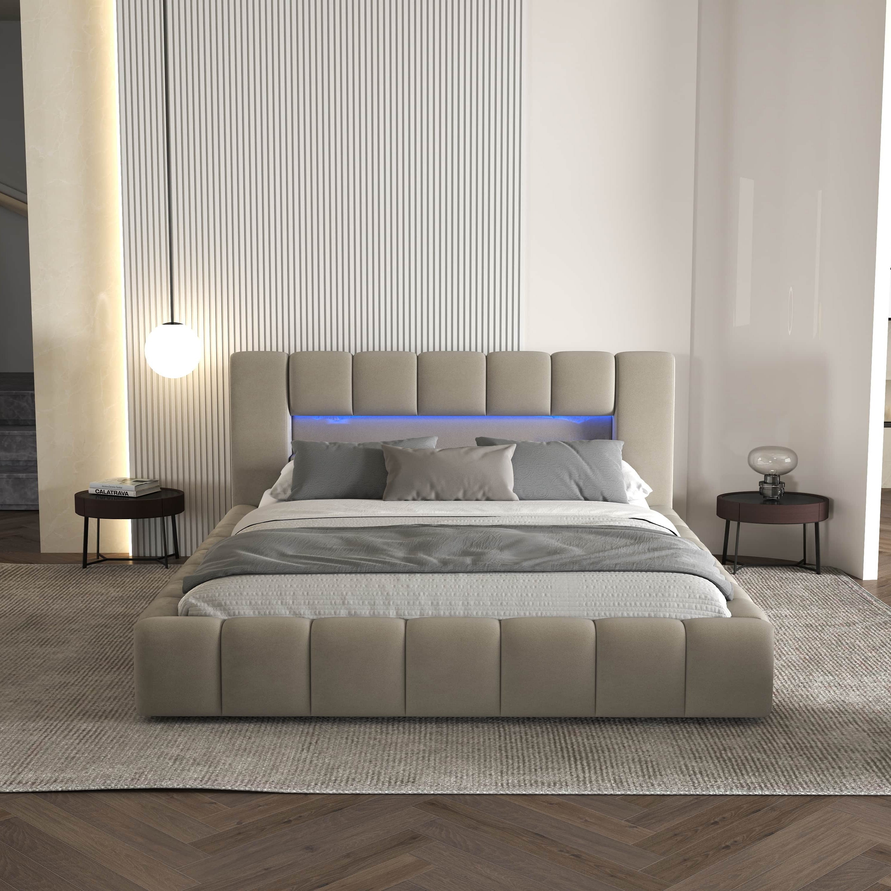 Pat dormitor dumonde, tapitat bej cu LED si USB, Palermo 180x200 cm, somiera rabatabila inclusa, spatiu depozitare WLS