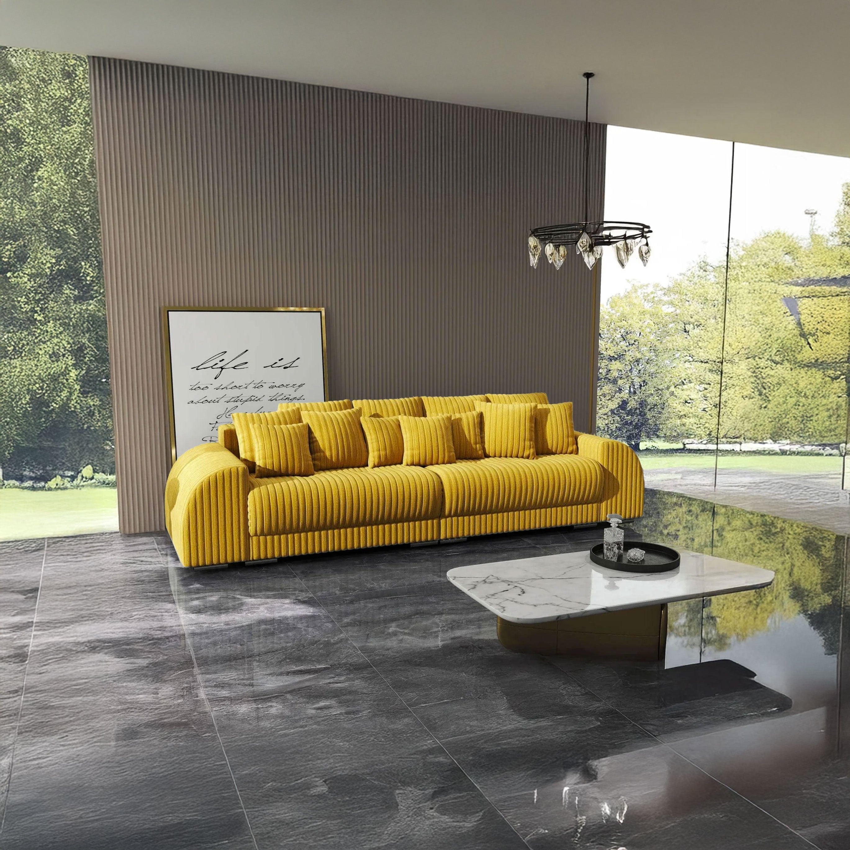 Canapea extensibilă dumonde cu 2 lăzi de depozitare si sezut confortabil din spuma HR, Verona Ambiance Mustar 310x100 cm Fabrica