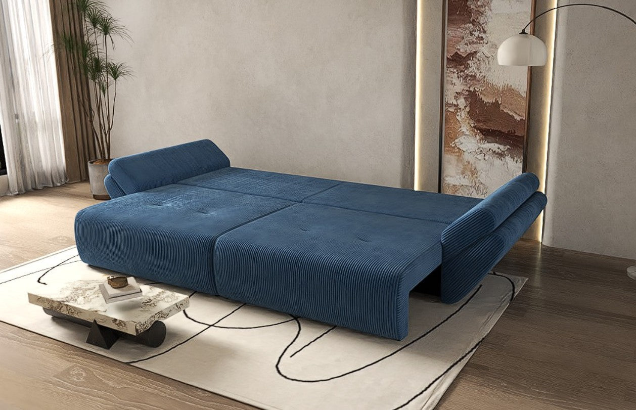 Canapea extensibilă dumonde cu ladă de depozitare si sezut confortabil din spuma HR, Berlin Zoom Blue 300x100 cm Fabrica