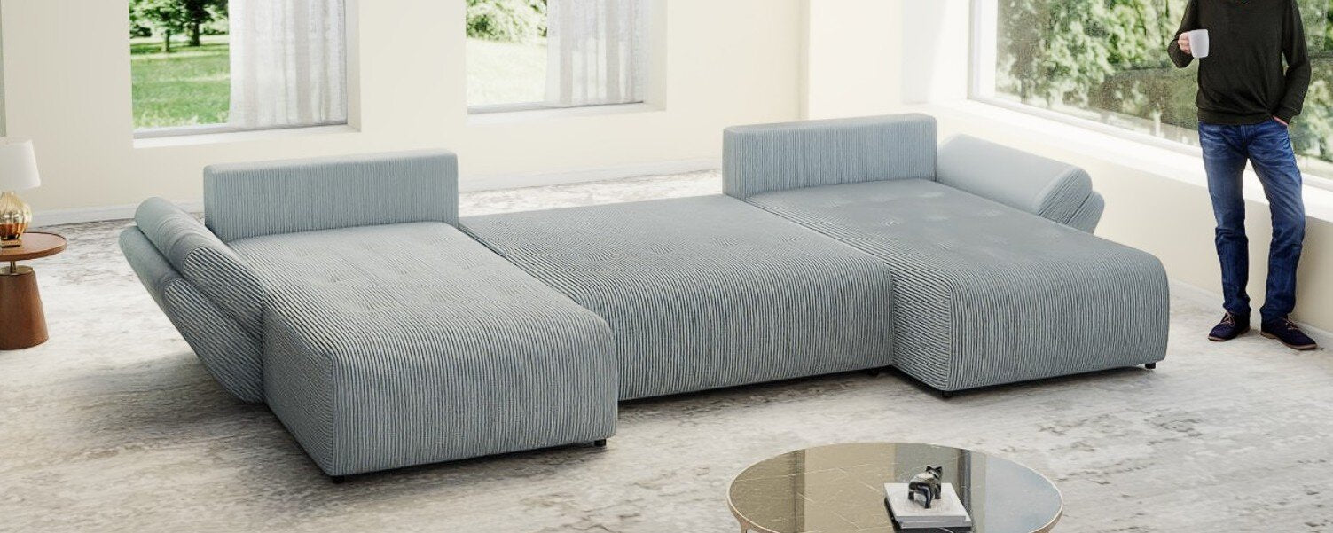 Colțar extensibil dumonde cu ladă de depozitare si sezut confortabil din spuma HR, Berlin U Zoom GREY 380x180 cm