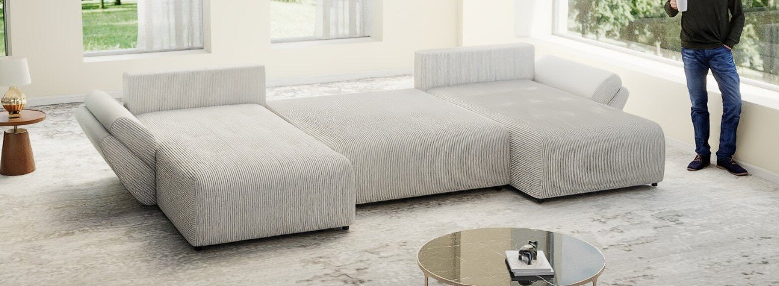 Colțar extensibil dumonde cu ladă de depozitare si sezut confortabil din spuma HR, Berlin U Zoom Grey 380x180 cm