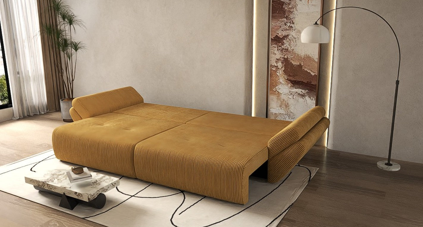 Canapea extensibilă dumonde cu ladă de depozitare si sezut confortabil din spuma HR, Berlin Zoom Mustar 300x100 cm Fabrica