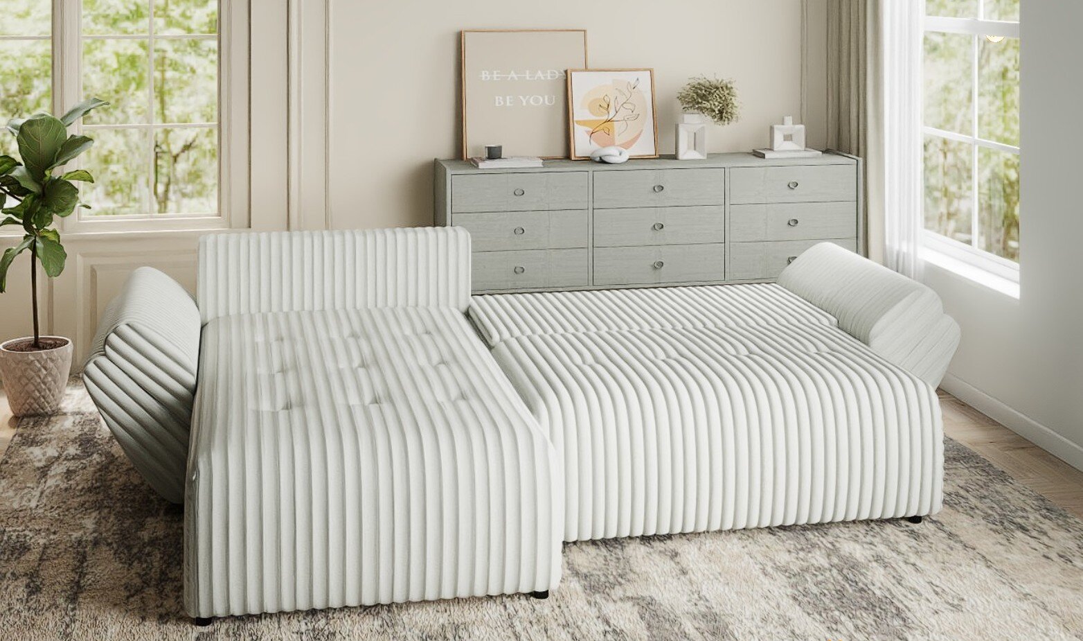 Colțar extensibil dumonde cu ladă de depozitare si sezut confortabil din spuma HR, Berlin Ambience Alb 280x185 cm