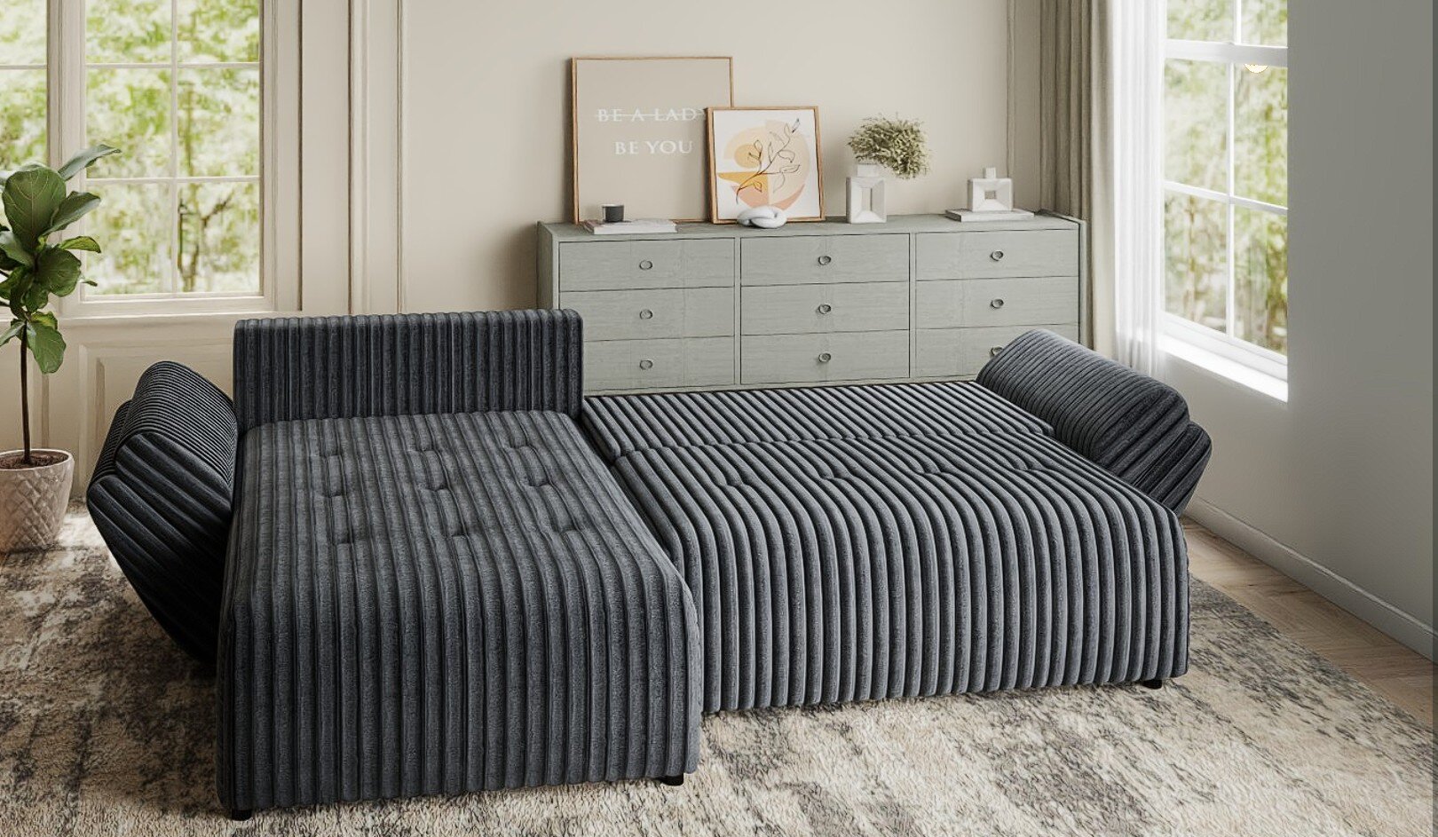 Colțar extensibil dumonde cu ladă de depozitare si sezut confortabil din spuma HR, Berlin Ambience Gri 280x185 cm