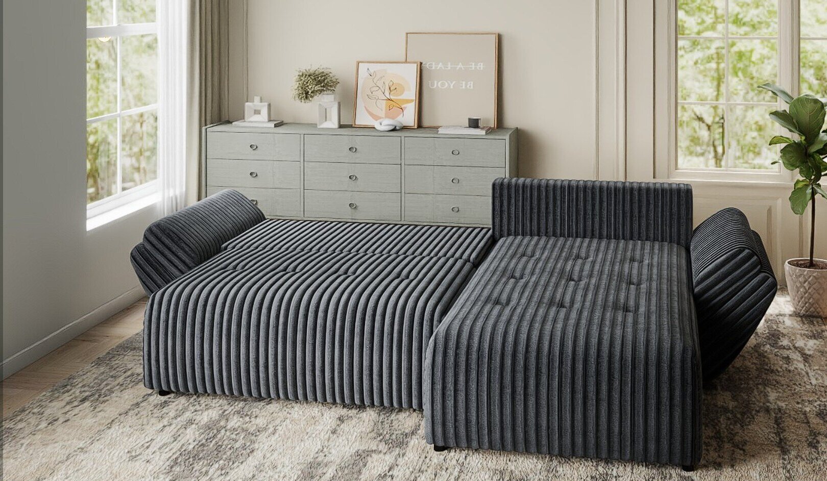 Colțar extensibil dumonde cu ladă de depozitare si sezut confortabil din spuma HR, Berlin Ambience Gri 280x185 cm II