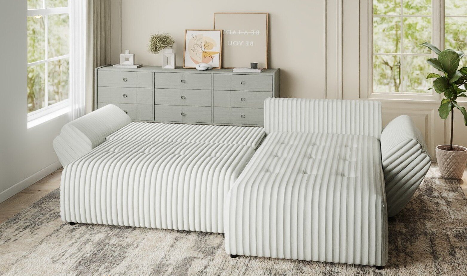 Colțar extensibil dumonde cu ladă de depozitare si sezut confortabil din spuma HR, Berlin Ambience Alb 280x185 cm II