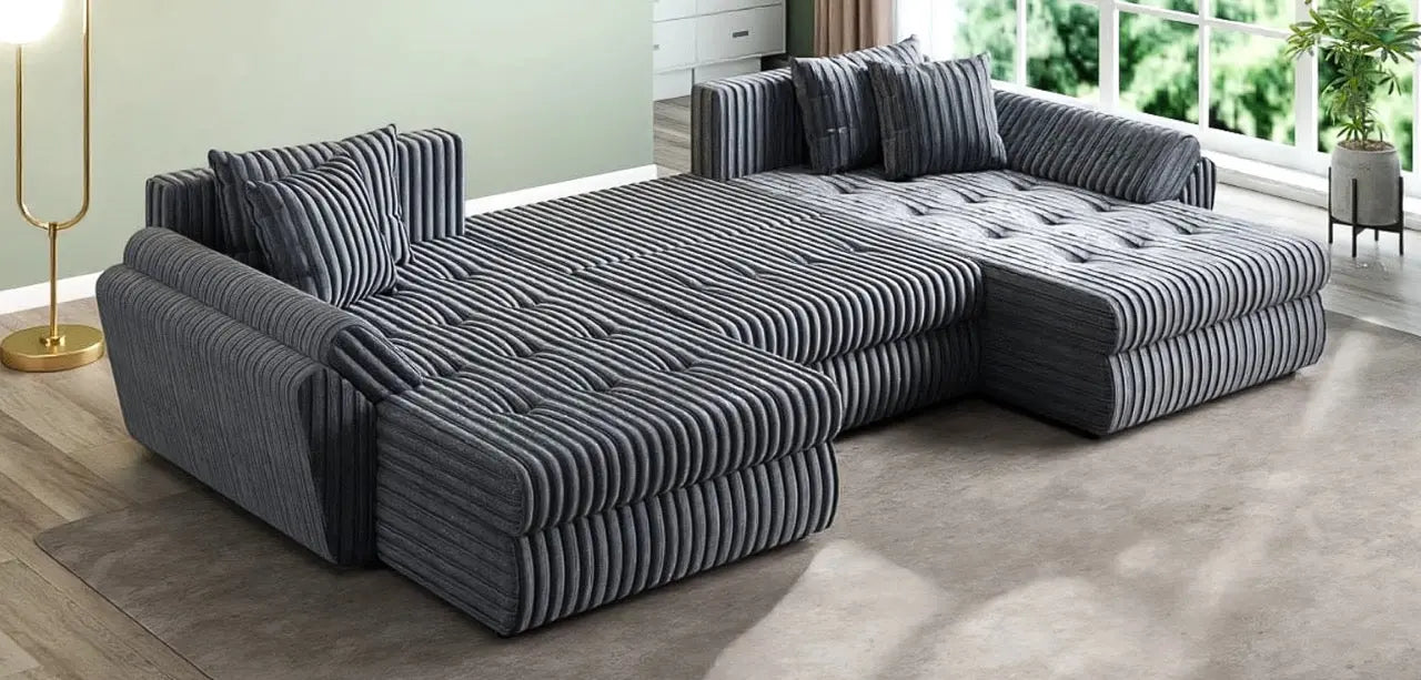 Colțar extensibil dumonde cu ladă de depozitare si sezut confortabil din spuma HR, Loana U Ambience Grey 355x185 cm Fabrica