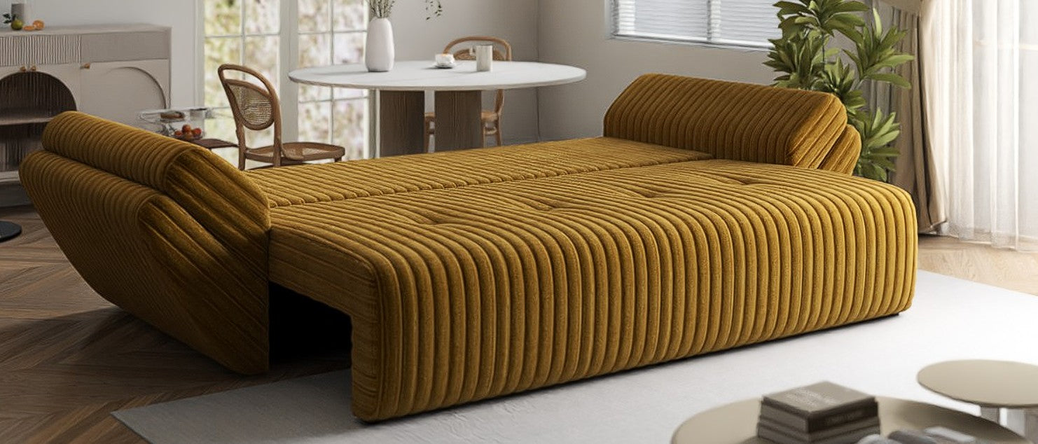 Canapea extensibilă dumonde cu ladă de depozitare si sezut confortabil din spuma HR, Berlin Ambience Mustar 250x100 cm Fabrica