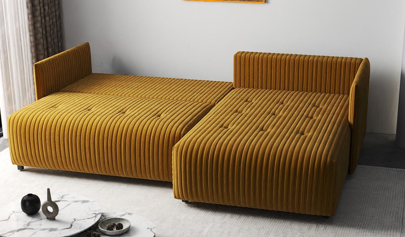 Colțar extensibil dumonde cu ladă de depozitare si sezut confortabil din spuma HR, Malta Ambience Mustard II 235x185 cm Fabrica