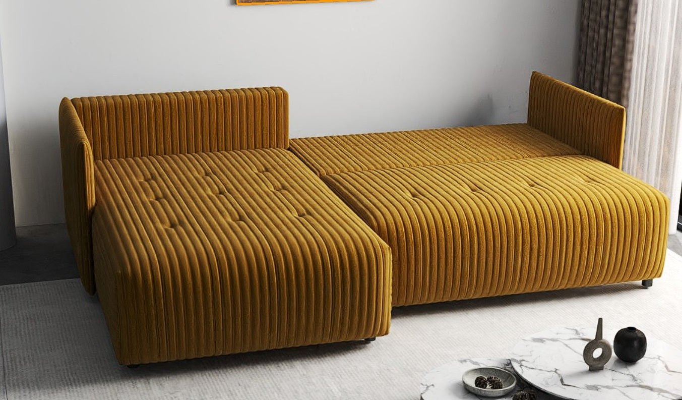 Colțar extensibil dumonde cu ladă de depozitare si sezut confortabil din spuma HR, Malta Ambience Mustard 235x185 cm Fabrica