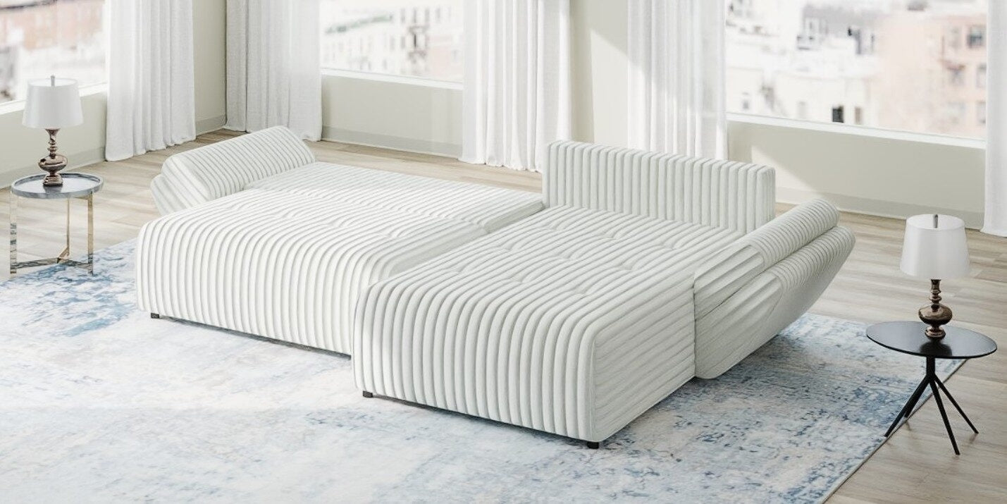 Colțar extensibil dumonde cu ladă de depozitare si sezut confortabil din spuma HR, Berlin Ambience Alb 280x185 cm