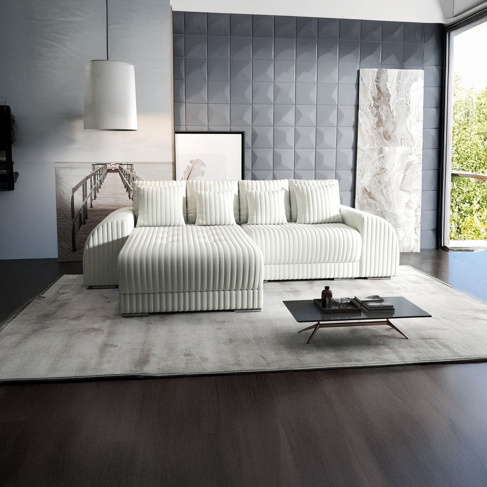 Colțar extensibil dumonde cu ladă de depozitare si sezut confortabil din spuma HR, Verona Ambience Ivory 290x185 cm Fabrica