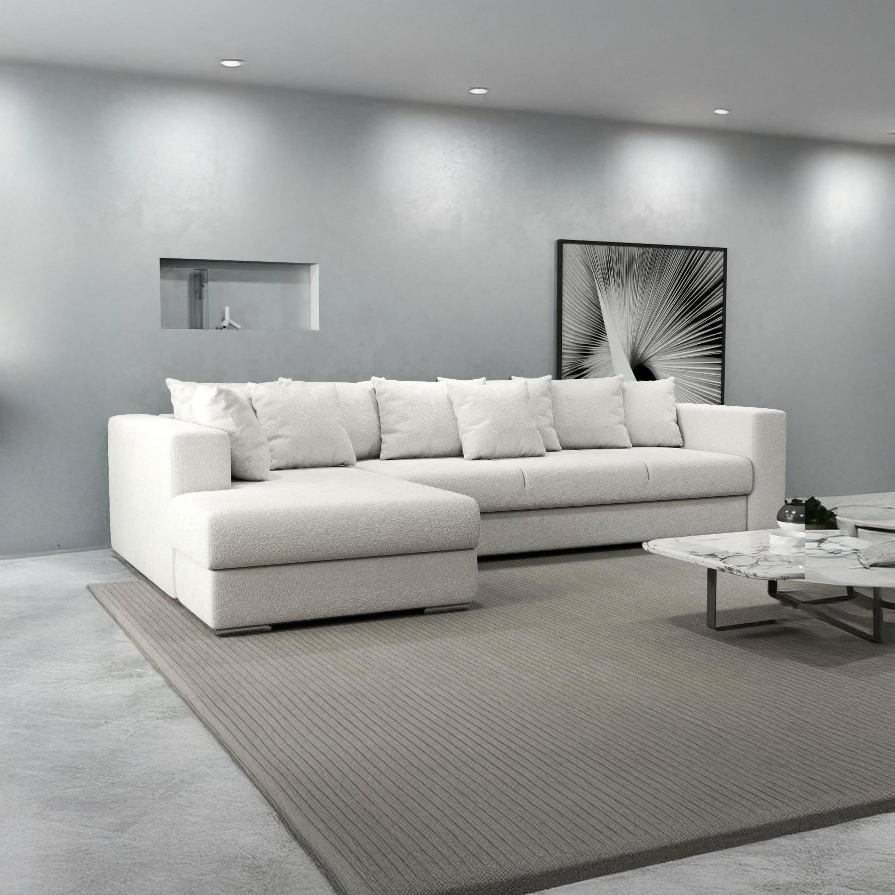 Colțar extensibil dumonde cu ladă de depozitare si sezut confortabil din spuma HR, Gloria Alb Euphoria 320x183 cm Fabrica