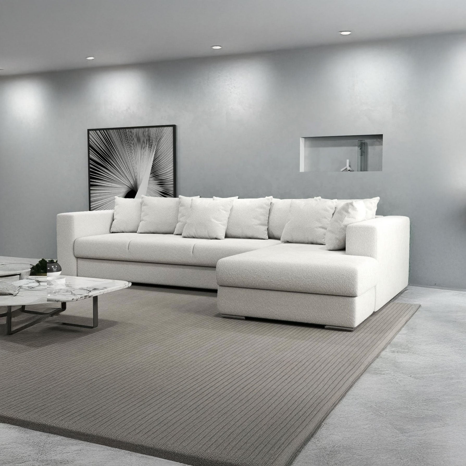 Colțar extensibil dumonde cu ladă de depozitare si sezut confortabil din spuma HR, Gloria Alb Euphoria II 320x183 cm Fabrica