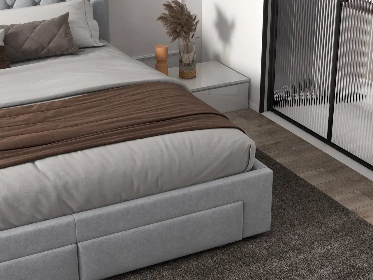Pat dormitor dumonde, tapitat gri, Hypnos 180x200 cm, somiera inclusa, spatiu depozitare