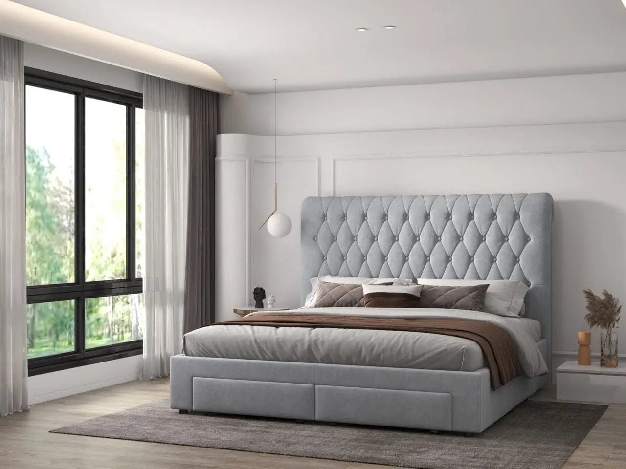 Pat dormitor dumonde, tapitat gri, Hypnos 180x200 cm, somiera inclusa, spatiu depozitare