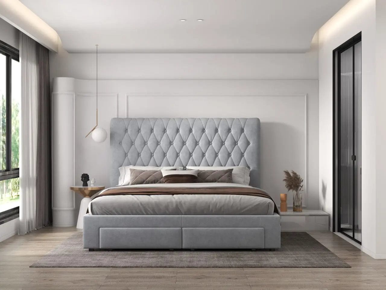 Pat dormitor dumonde, tapitat gri, Hypnos 180x200 cm, somiera inclusa, spatiu depozitare