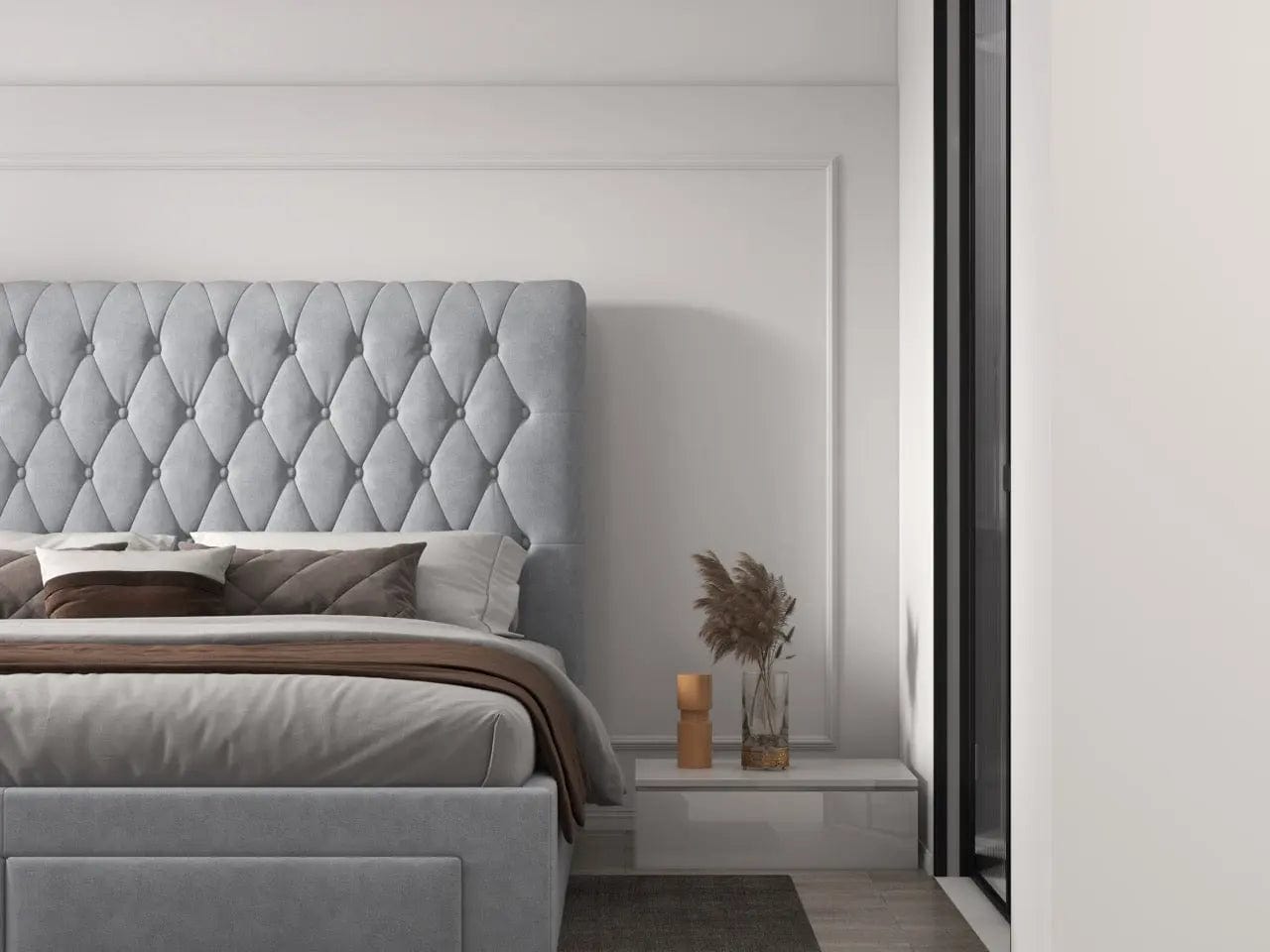 Pat dormitor dumonde, tapitat gri, Hypnos 180x200 cm, somiera inclusa, spatiu depozitare