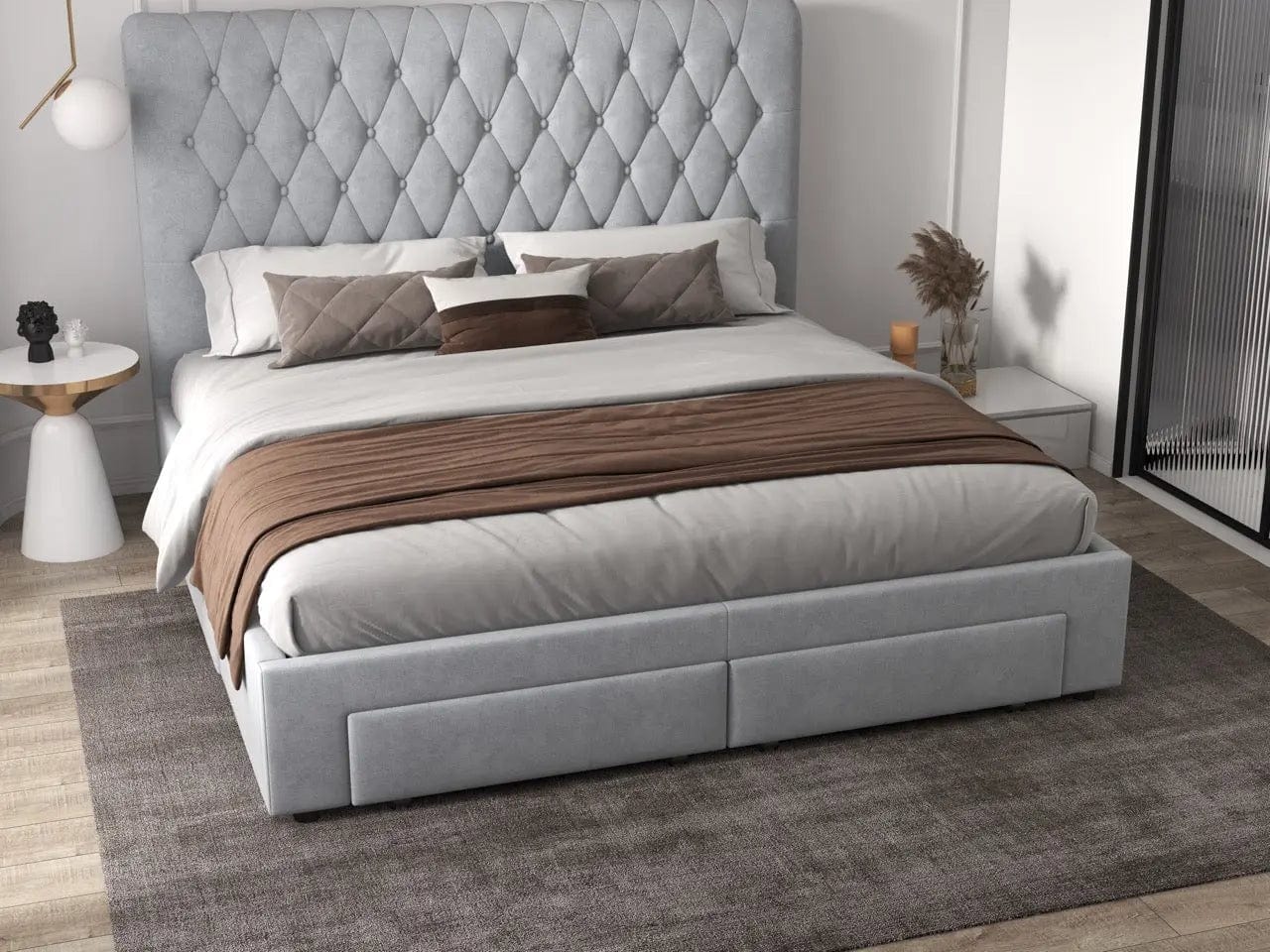 Pat dormitor dumonde, tapitat gri, Hypnos 180x200 cm, somiera inclusa, spatiu depozitare
