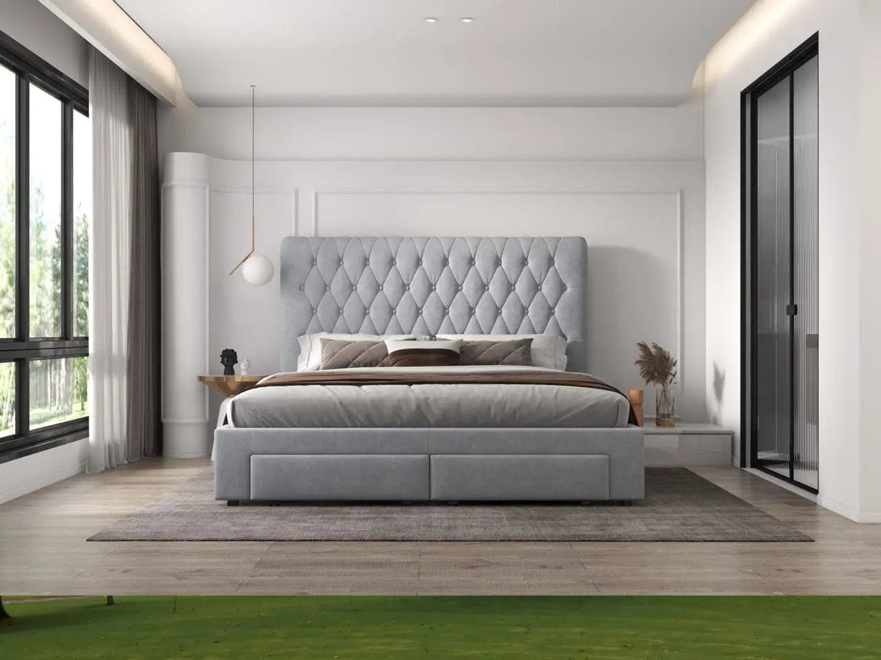 Pat dormitor dumonde, tapitat gri, Hypnos 180x200 cm, somiera inclusa, spatiu depozitare