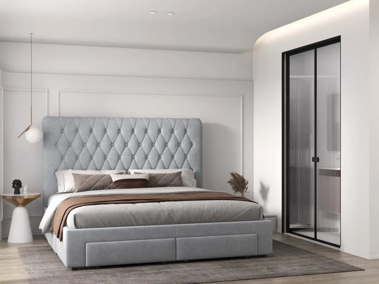 Pat dormitor dumonde, tapitat gri, Hypnos 180x200 cm, somiera inclusa, spatiu depozitare