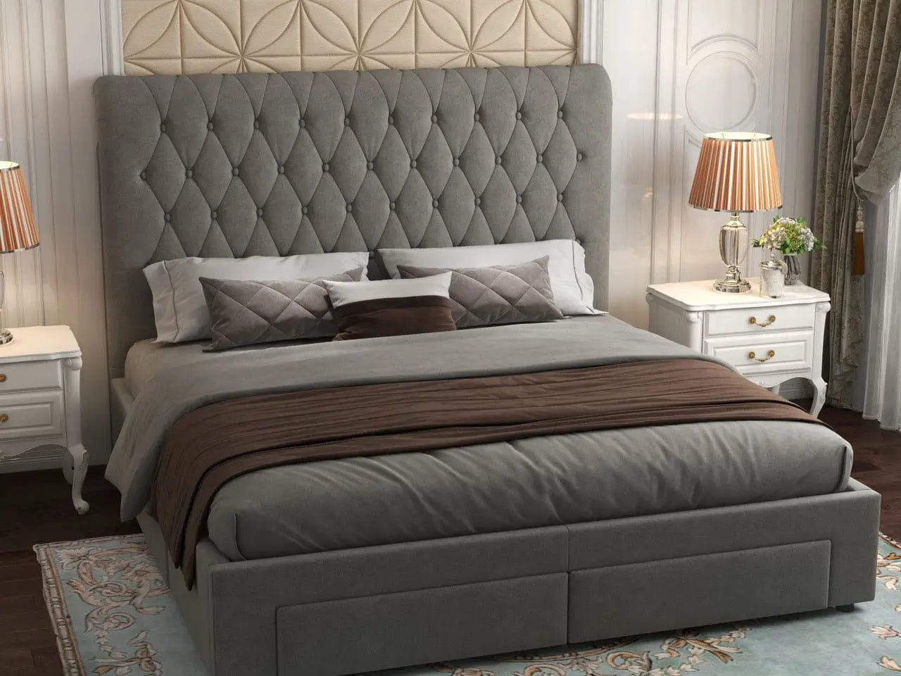 Pat dormitor dumonde, tapitat gri, Hypnos 160x200 cm, somiera inclusa, spatiu depozitare