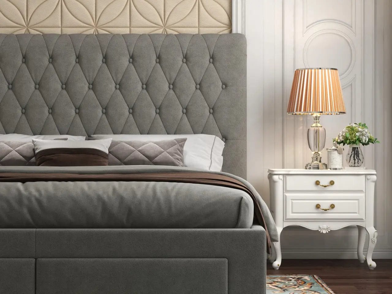 Pat dormitor dumonde, tapitat gri, Hypnos 160x200 cm, somiera inclusa, spatiu depozitare