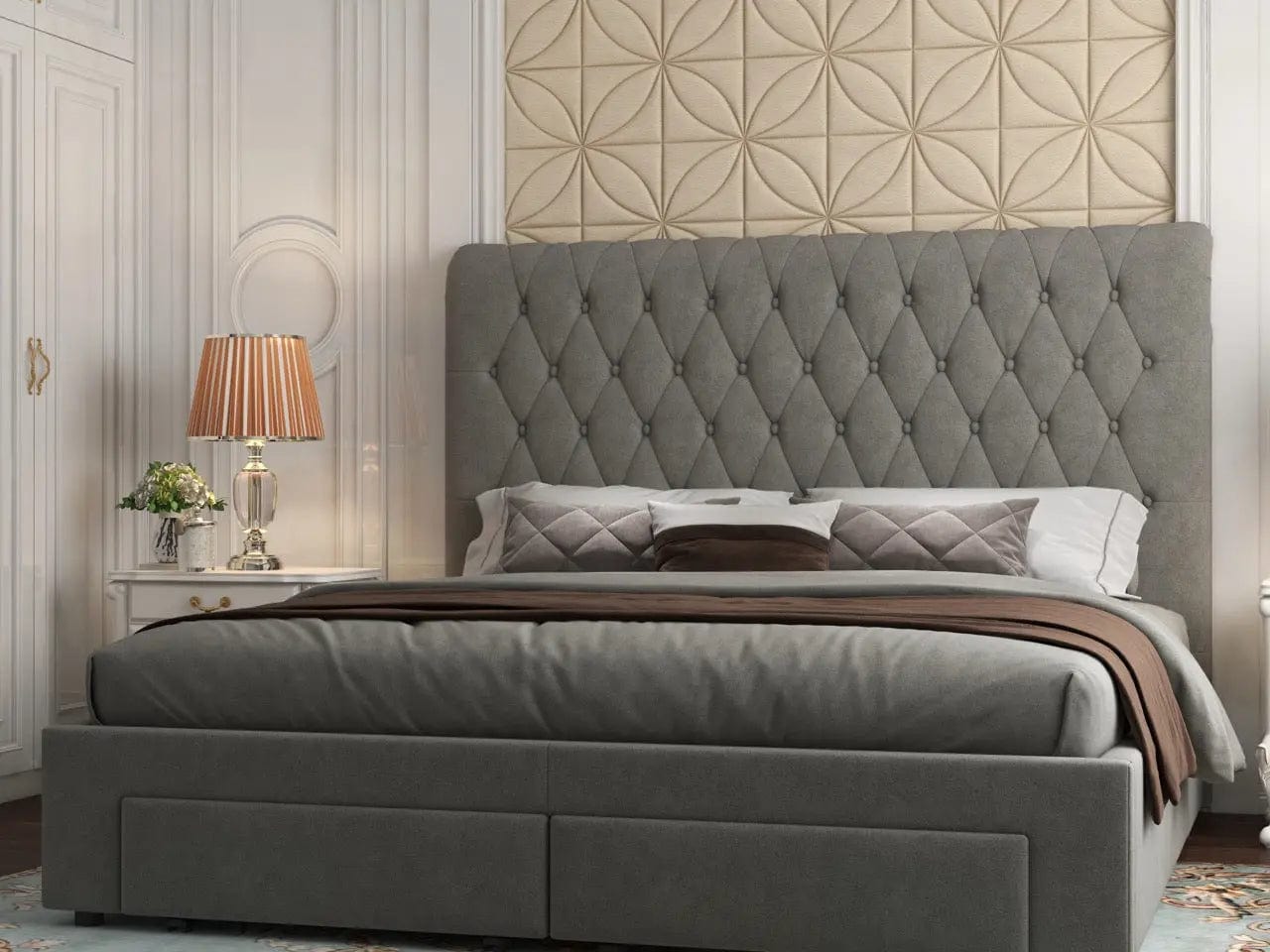 Pat dormitor dumonde, tapitat gri, Hypnos 160x200 cm, somiera inclusa, spatiu depozitare